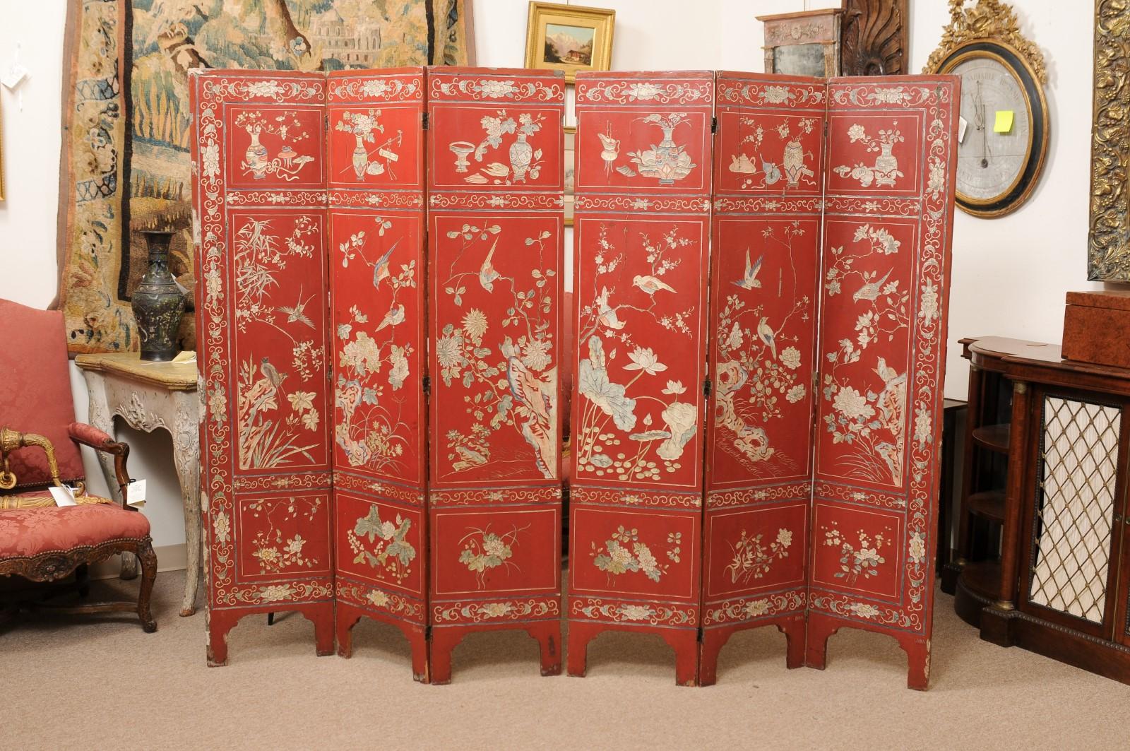 Red Coromandel Folding Screen with 6 Panels, ca. 1890 For Sale 5