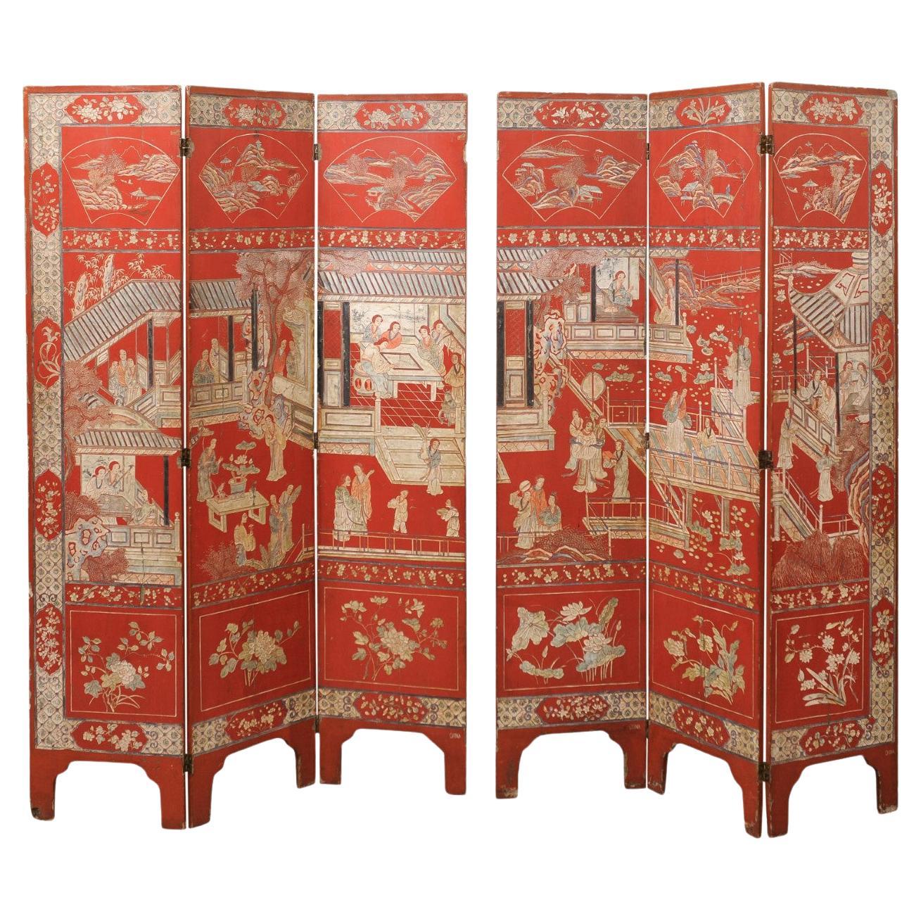 Red Coromandel Folding Screen with 6 Panels, ca. 1890 For Sale