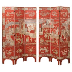 Used Red Coromandel Folding Screen with 6 Panels, ca. 1890