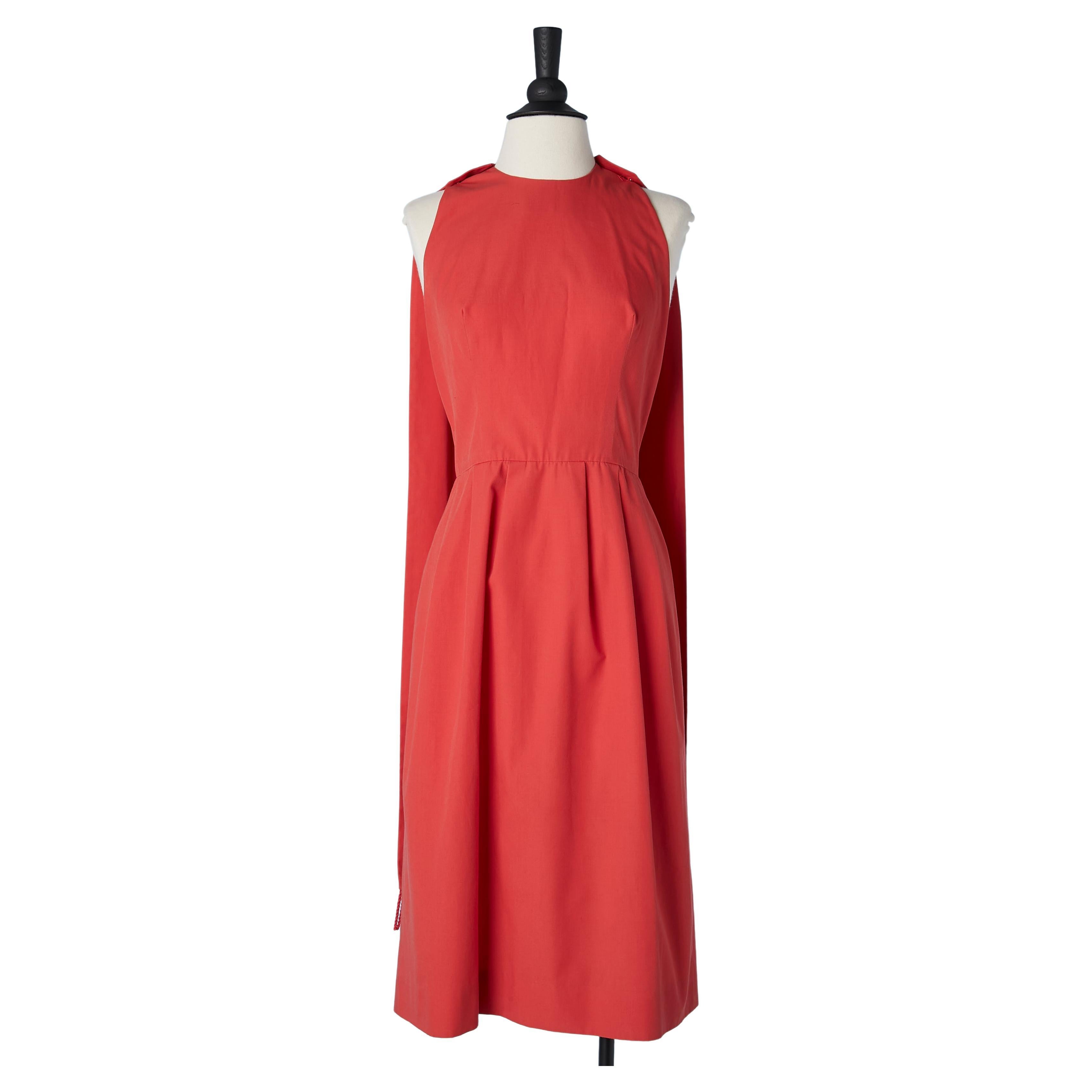 Red cotton backless dress with detachable cape Jacques Heim Circa 1960's 