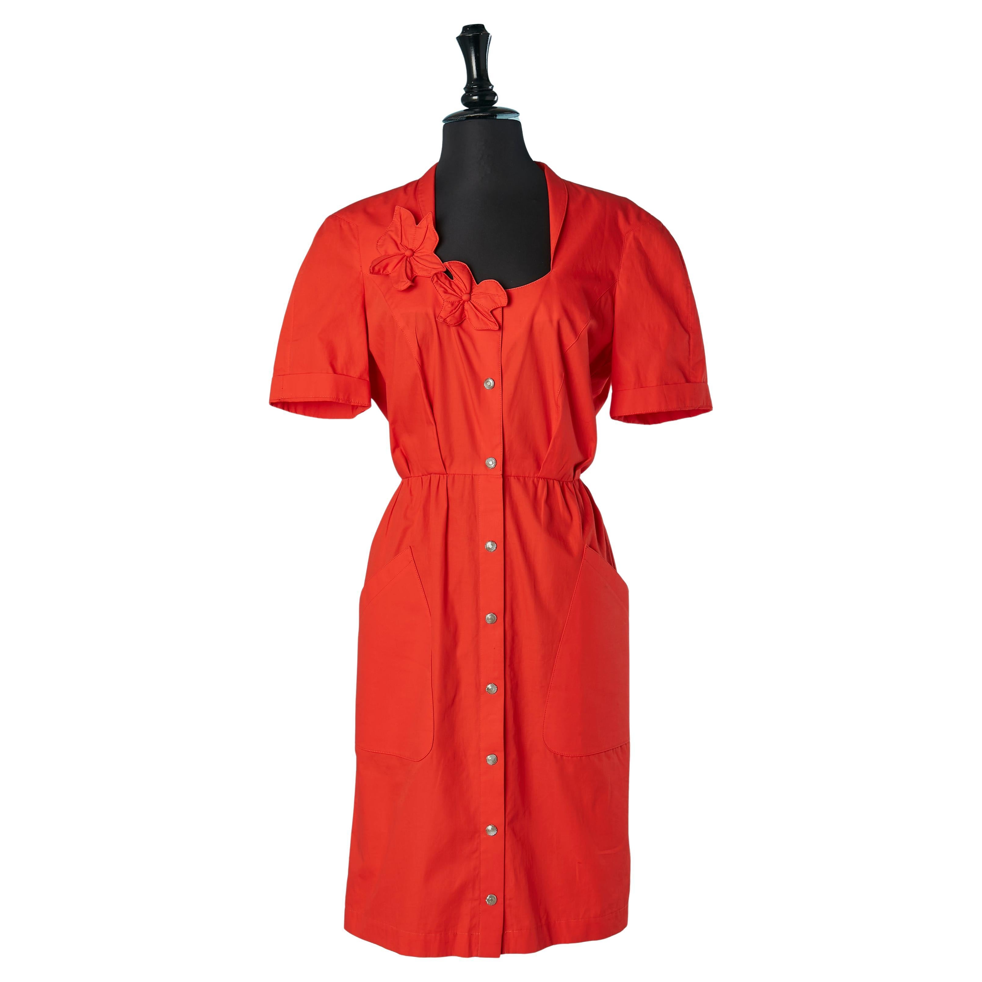 Robe en coton rouge avec appliqué de fleurs en tissu rouge Thierry Mugler en vente
