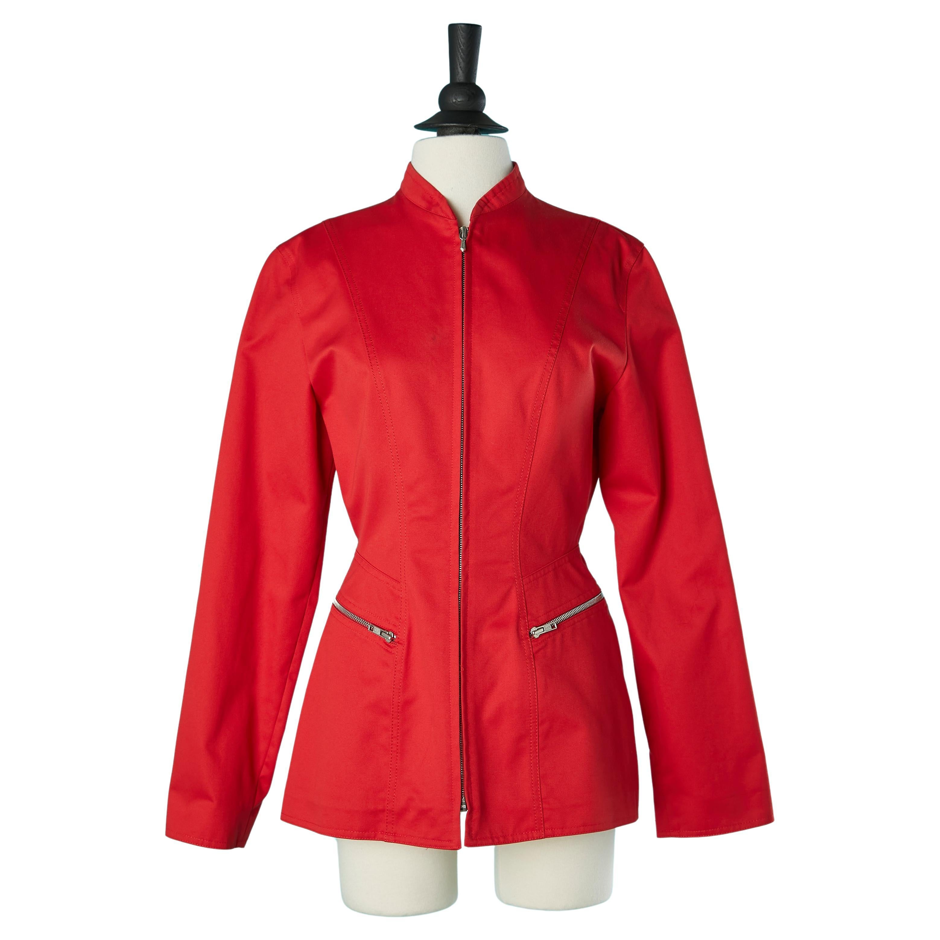 Red cotton jacket with zip closure middle front Mugler Trademark  For Sale