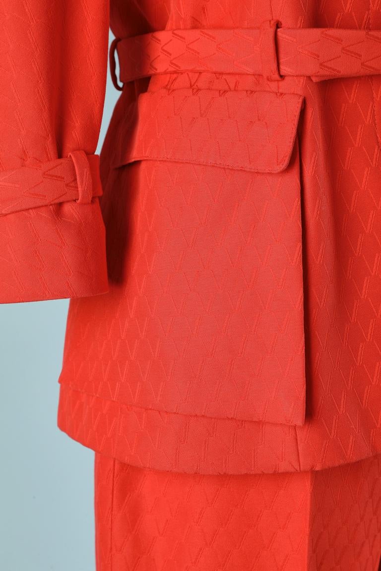 Red cotton jacquard trouser- suit  with belt Valentino Roma In Excellent Condition For Sale In Saint-Ouen-Sur-Seine, FR