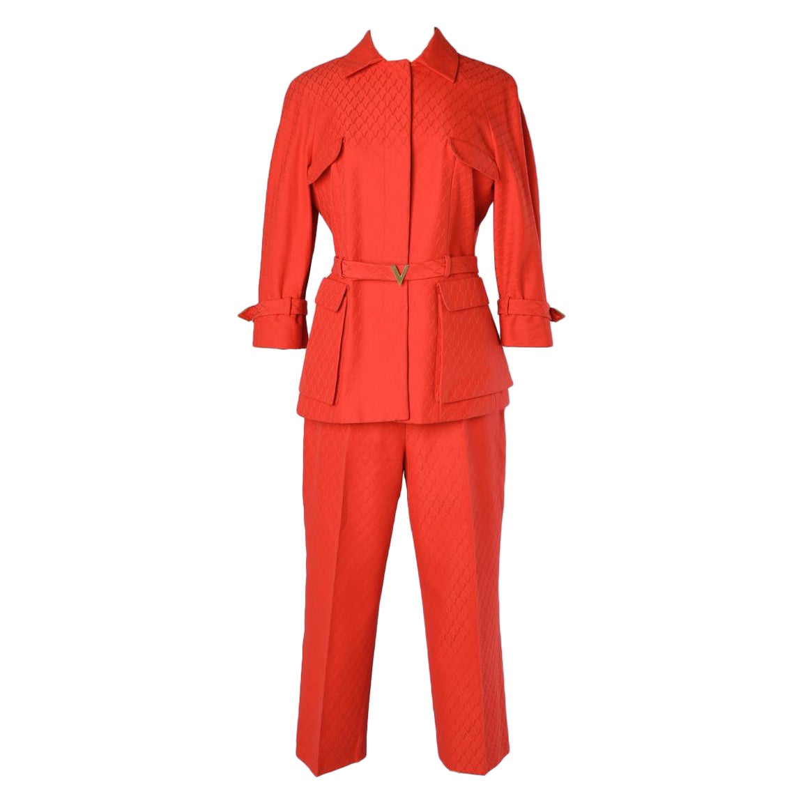 Red cotton jacquard trouser- suit  with belt Valentino Roma