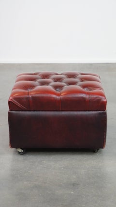 Red cow leather square chesterfield ottoman/storage pouf