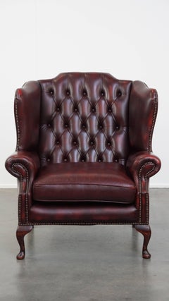 Red Cowhide Leather English Chesterfield Wingback Chair