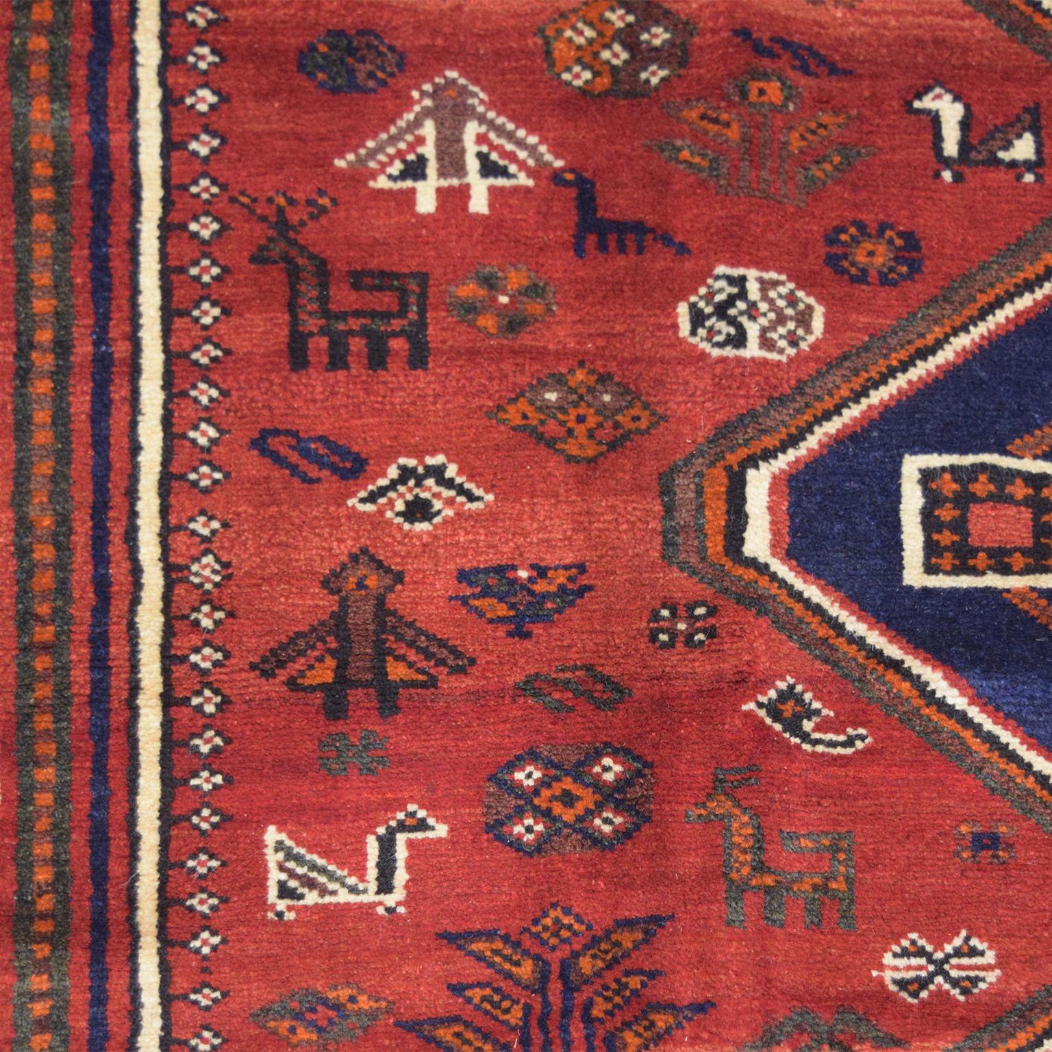 Tribal Red, Cream, and Indigo Traditional Persian Ghashghai Carpet