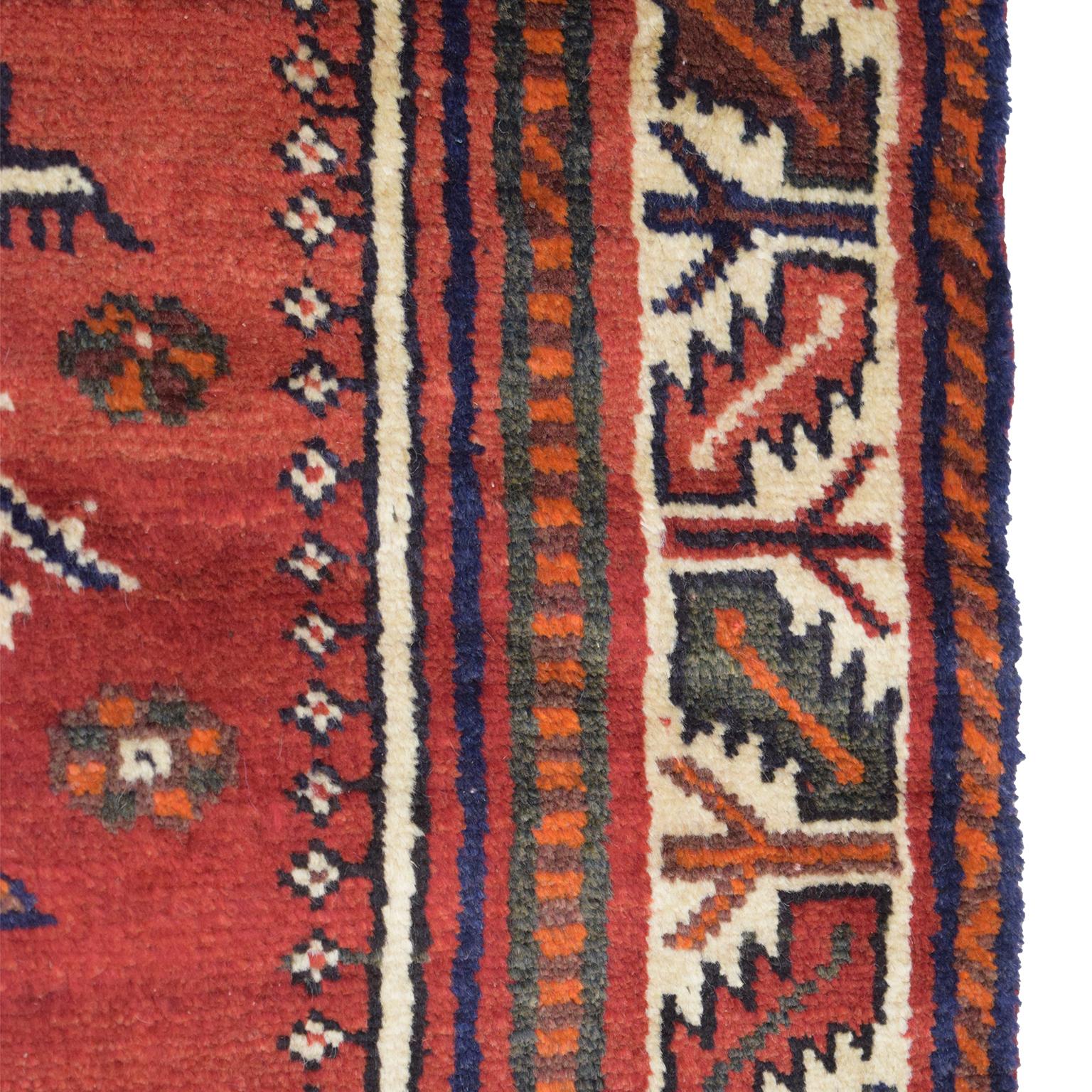 Vegetable Dyed Red, Cream, and Indigo Traditional Persian Ghashghai Carpet