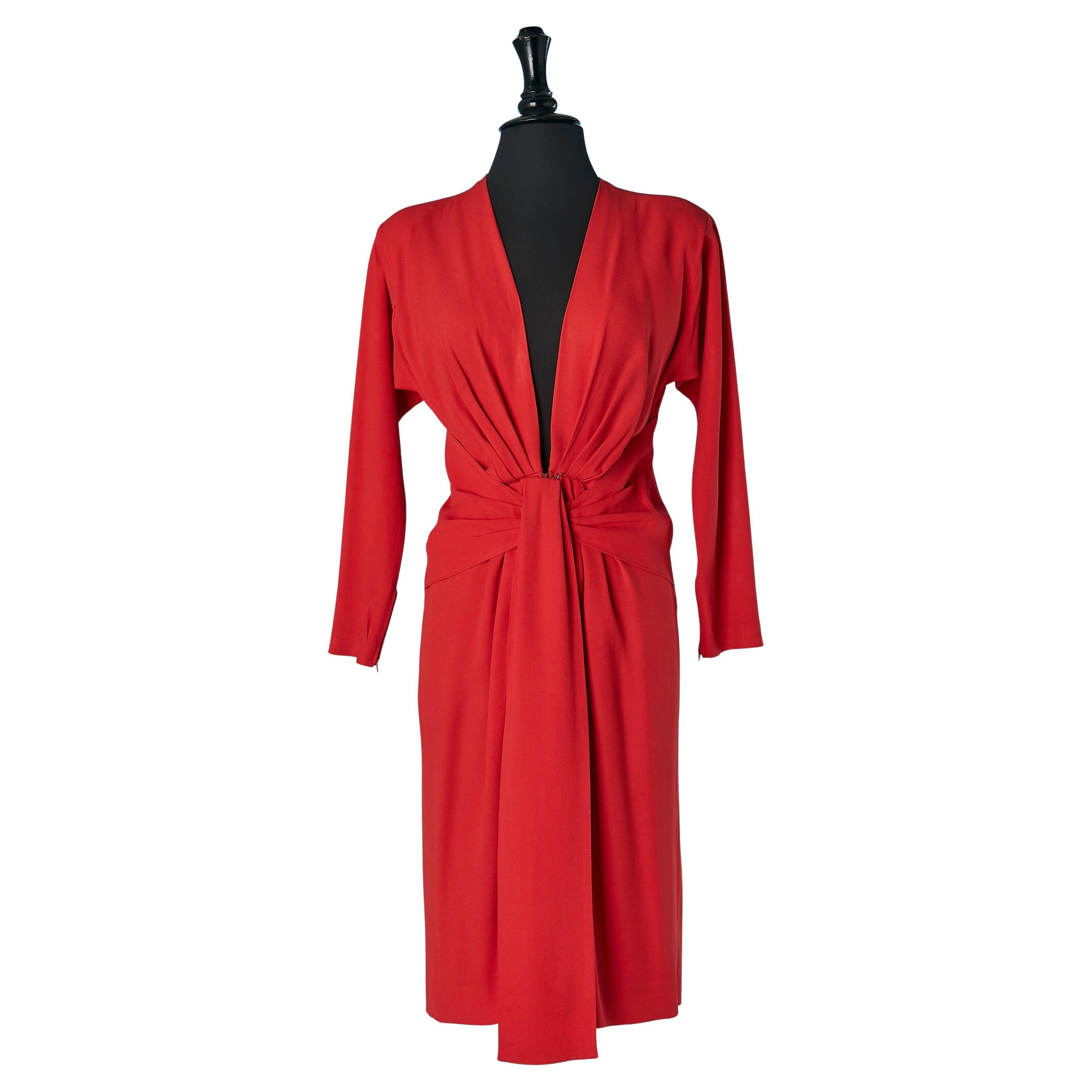 Red crêpe cocktail dress draped on the middle front Saint Laurent Rive Gauche