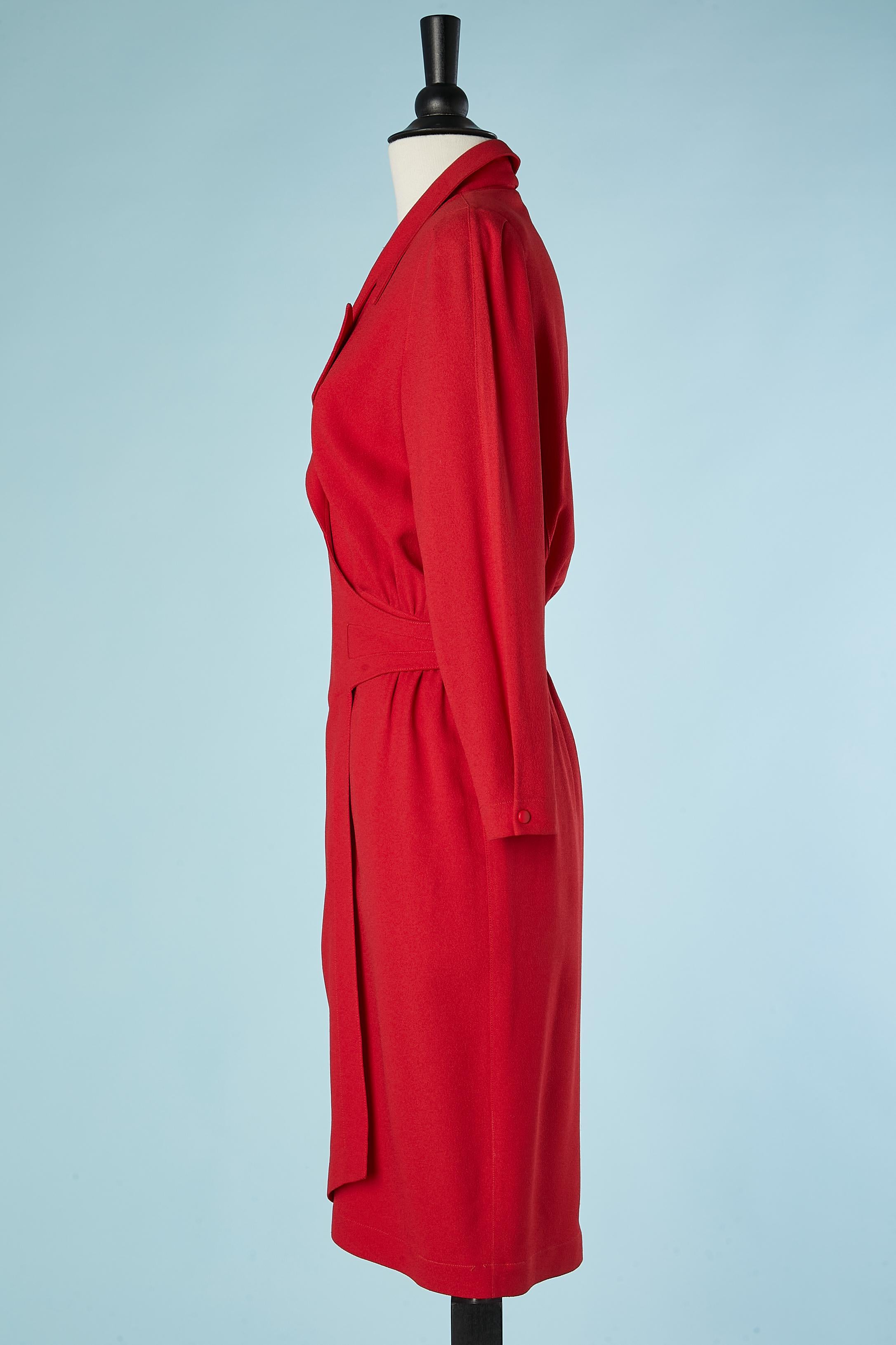 Women's Red crêpe wrap cocktail dress with belt and red plastic buckle Thierry Mugler