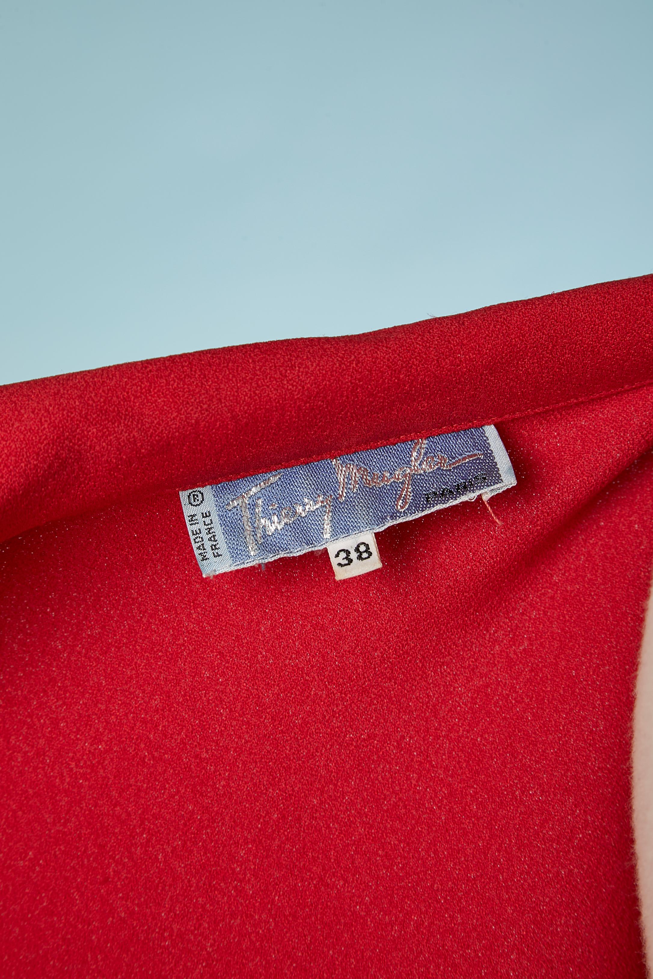 Red crêpe wrap cocktail dress with belt and red plastic buckle Thierry Mugler 3