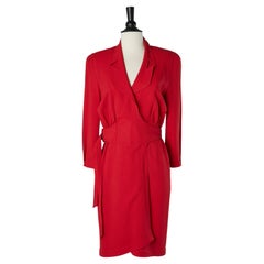 Red crêpe wrap cocktail dress with belt and red plastic buckle Thierry Mugler 