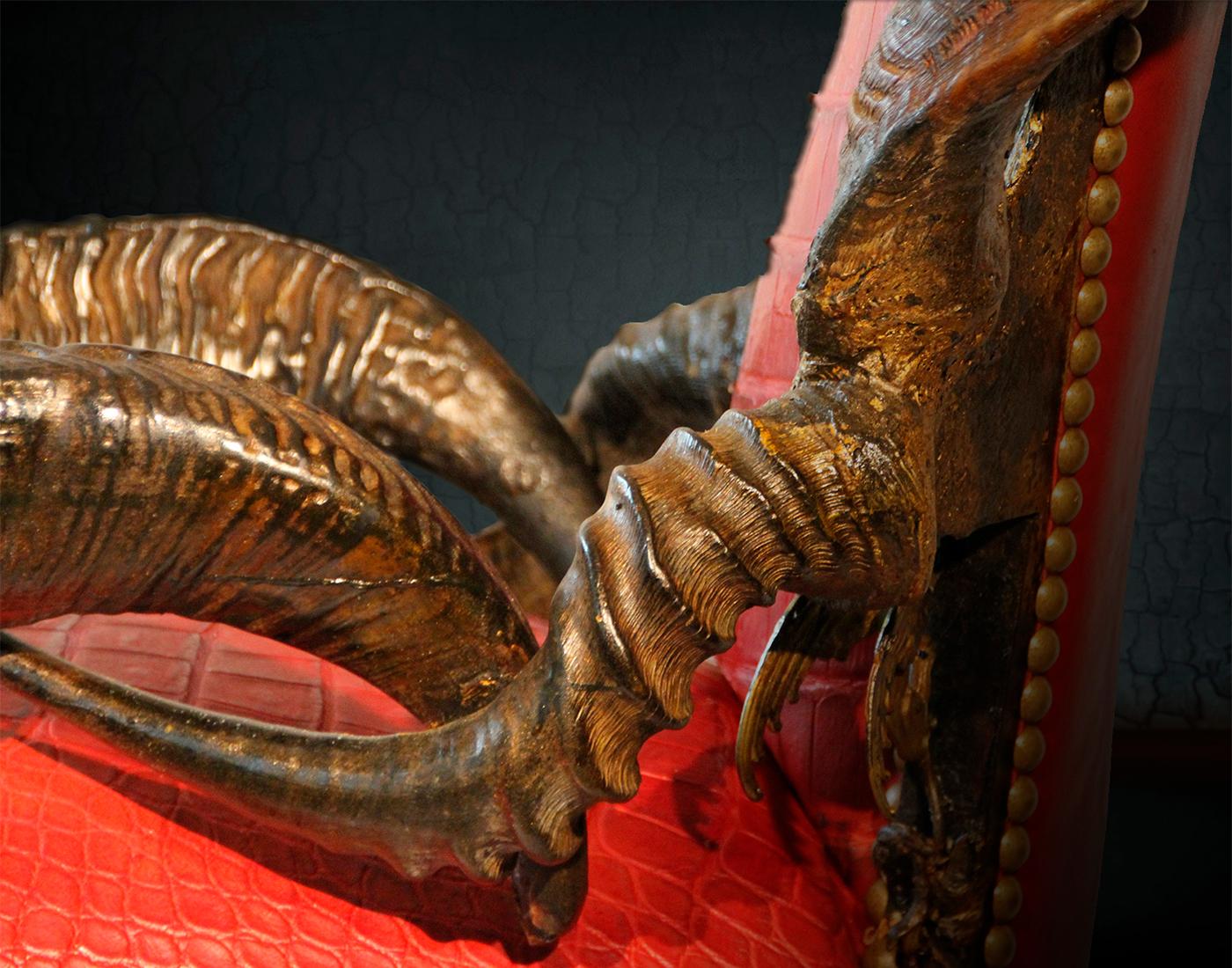 Bronze Red Alligator Armchair with Kudu Horns For Sale