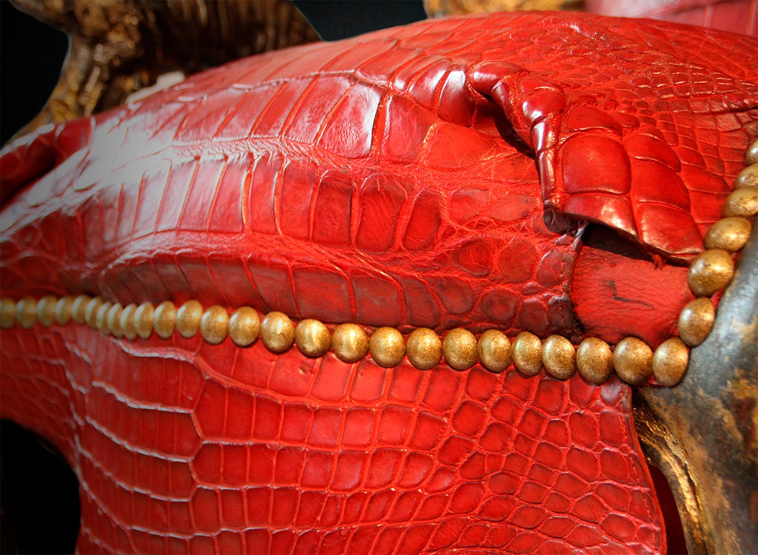 Hand-Crafted Red Alligator Armchair with Kudu Horns For Sale