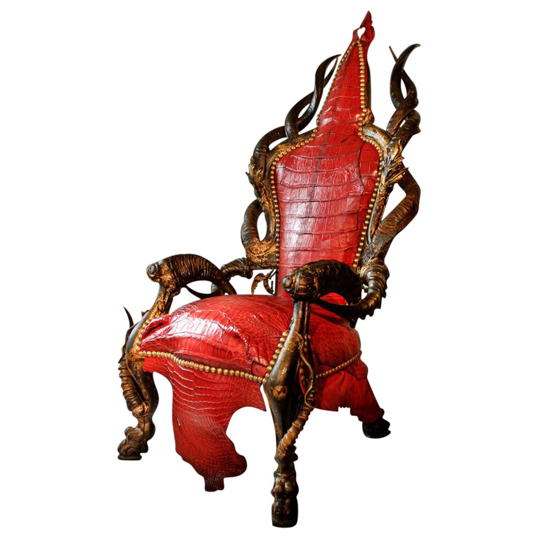 Red Alligator Armchair with Kudu Horns