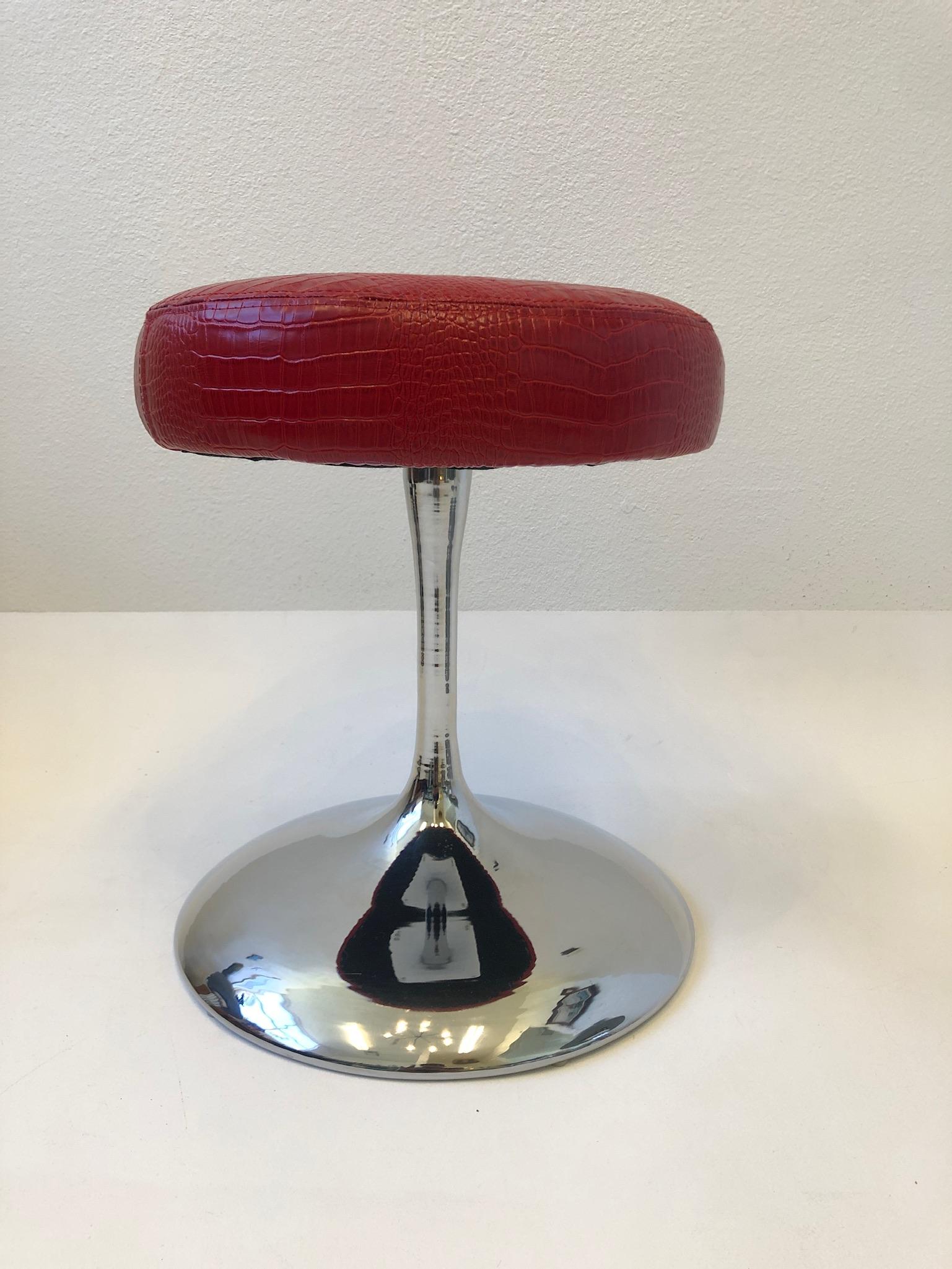 Modern Red Crocodile Patent Leather and Chrome Swivel Stool For Sale