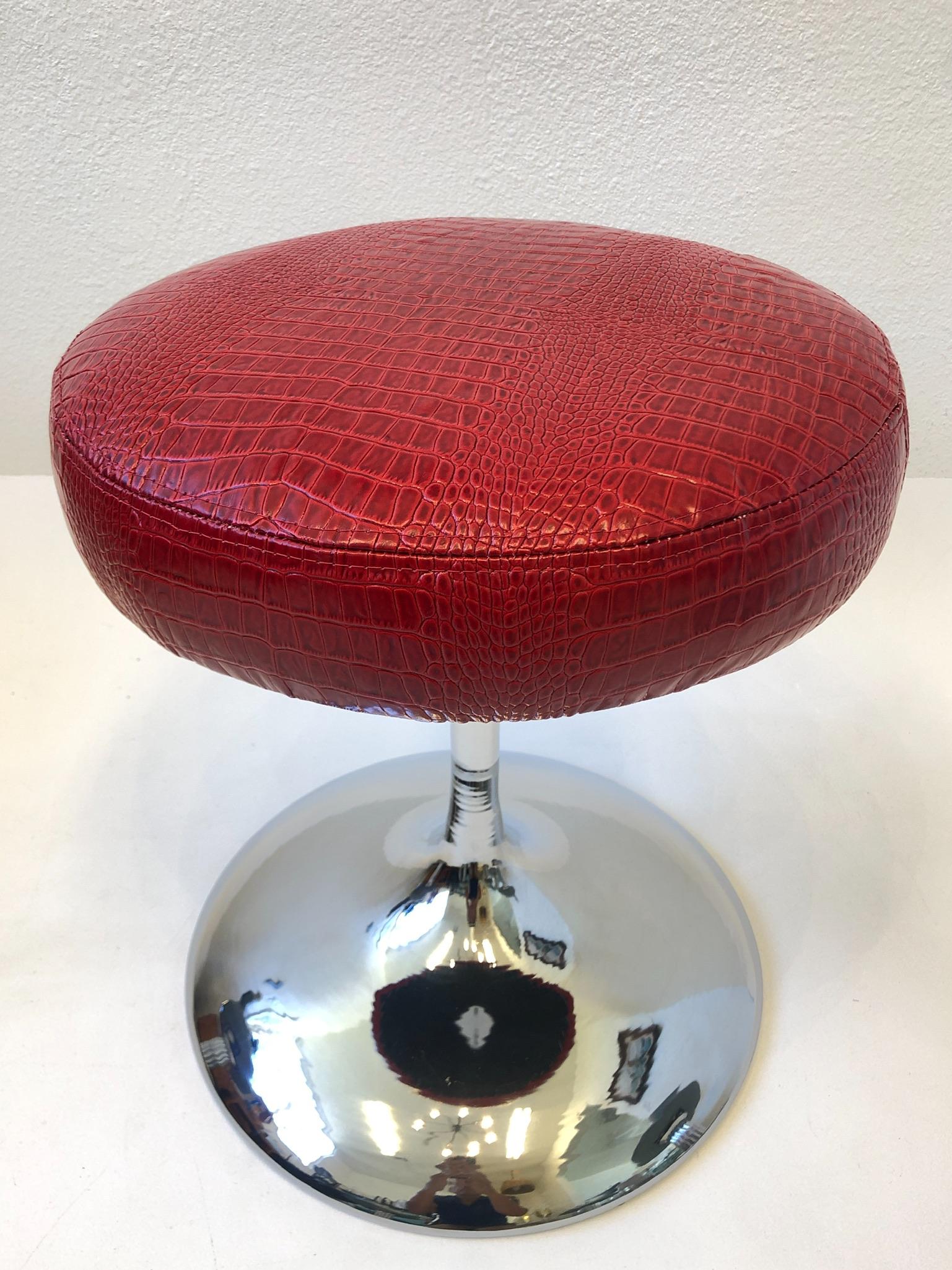 American Red Crocodile Patent Leather and Chrome Swivel Stool For Sale