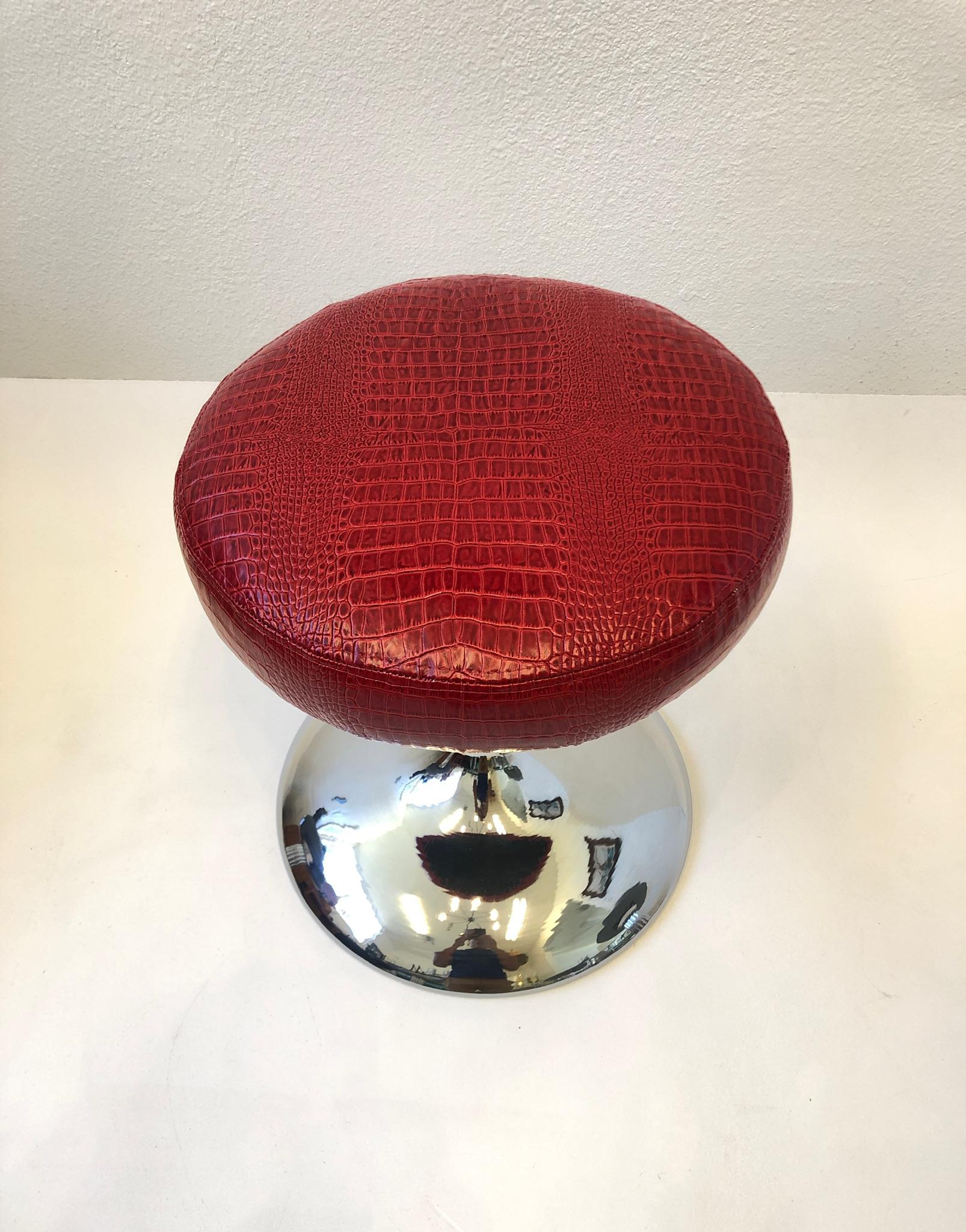 Polished Red Crocodile Patent Leather and Chrome Swivel Stool For Sale