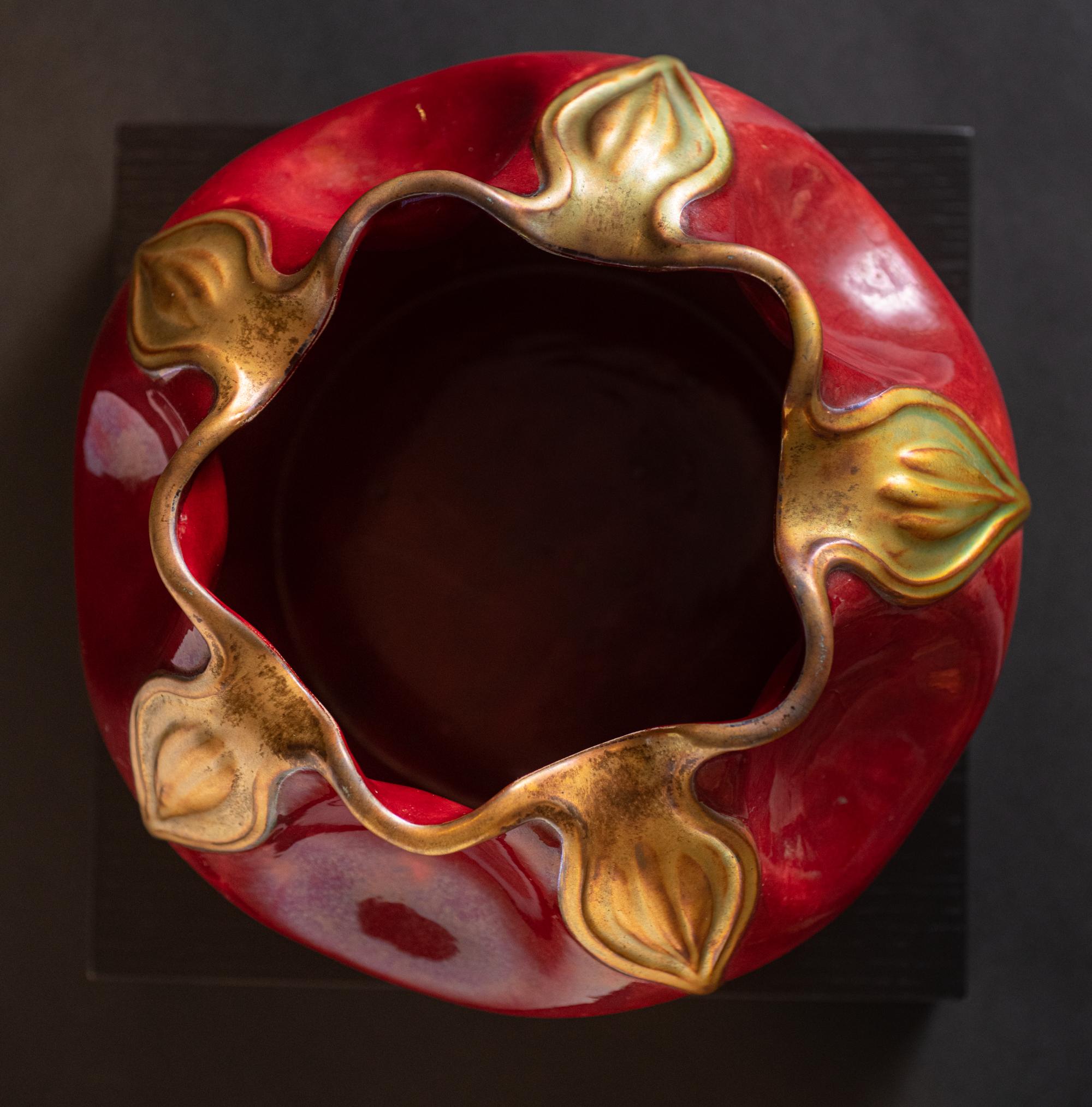 Earthenware Art Nouveau Red Crocus Vase by Vinsce Wartha for Zsolnay Porcelánmanufaktúra Zrt For Sale