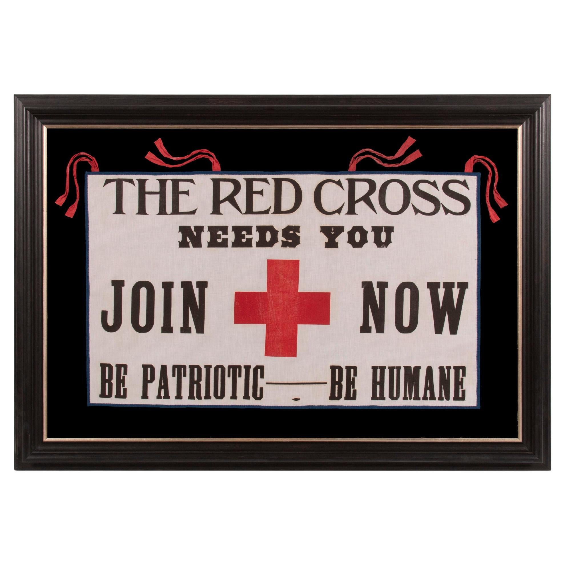 Red Cross Banner with Whimsical Lettering, ca 1917 - 1918 For Sale