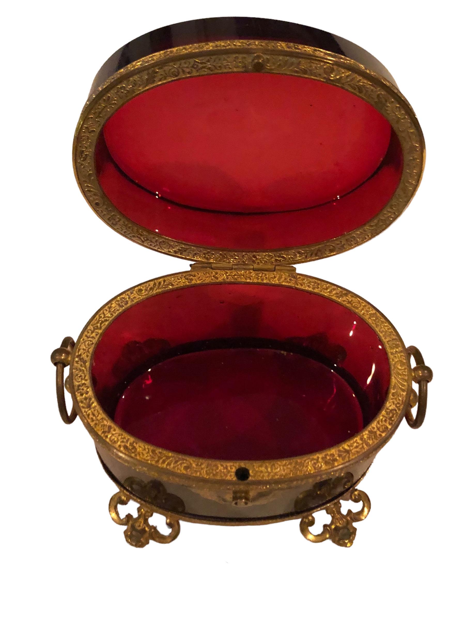 French Red Crystal and Doré Bronze Box For Sale