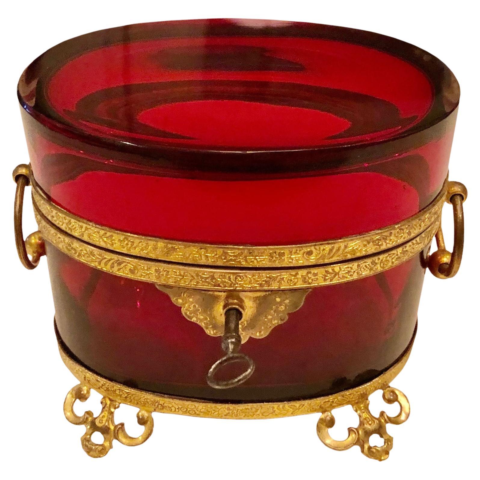 Red Crystal and Doré Bronze Box For Sale