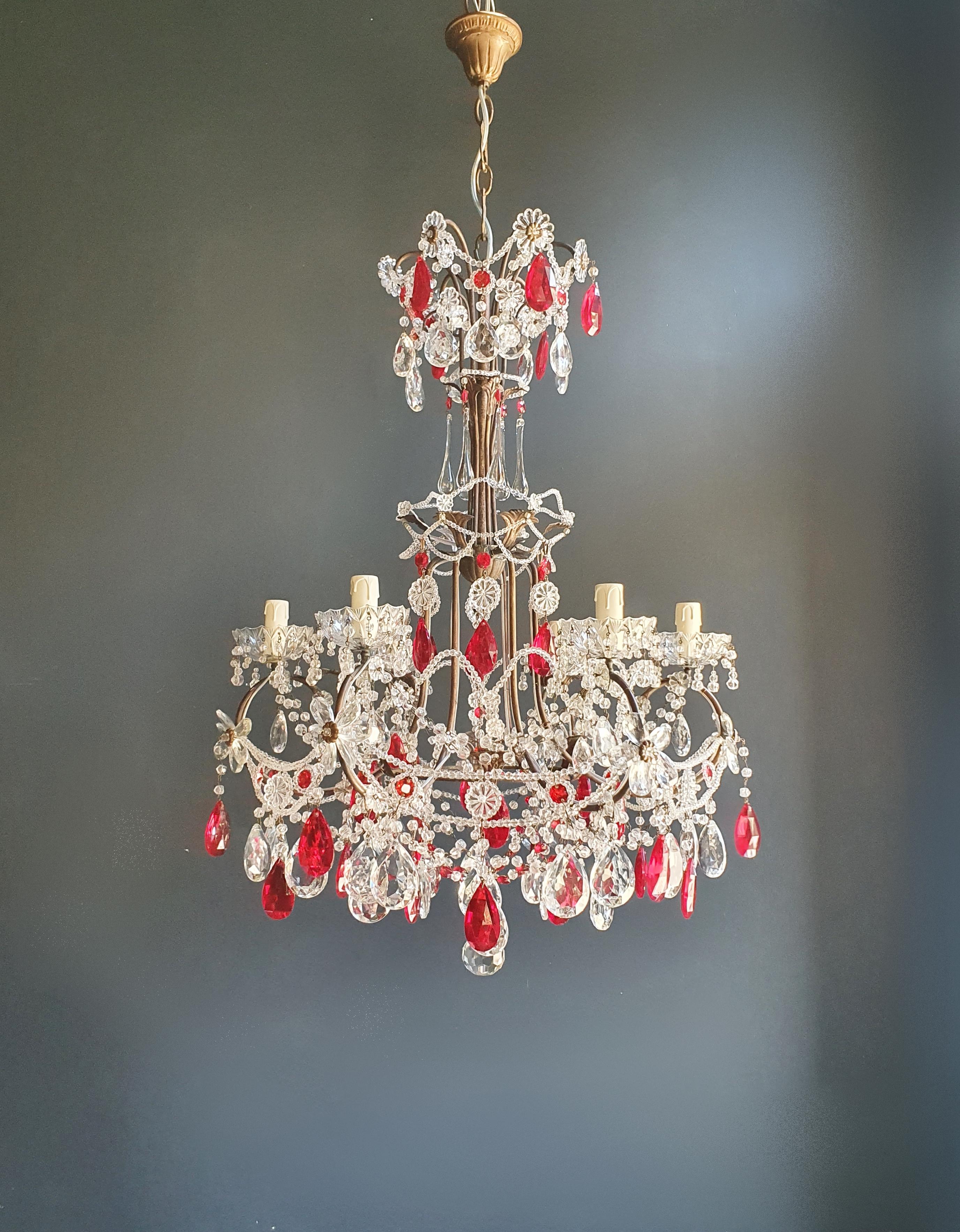 Red Crystal Chandelier Antique Brass Ceiling Lamp Lustre Art Nouveau Beaded 3
