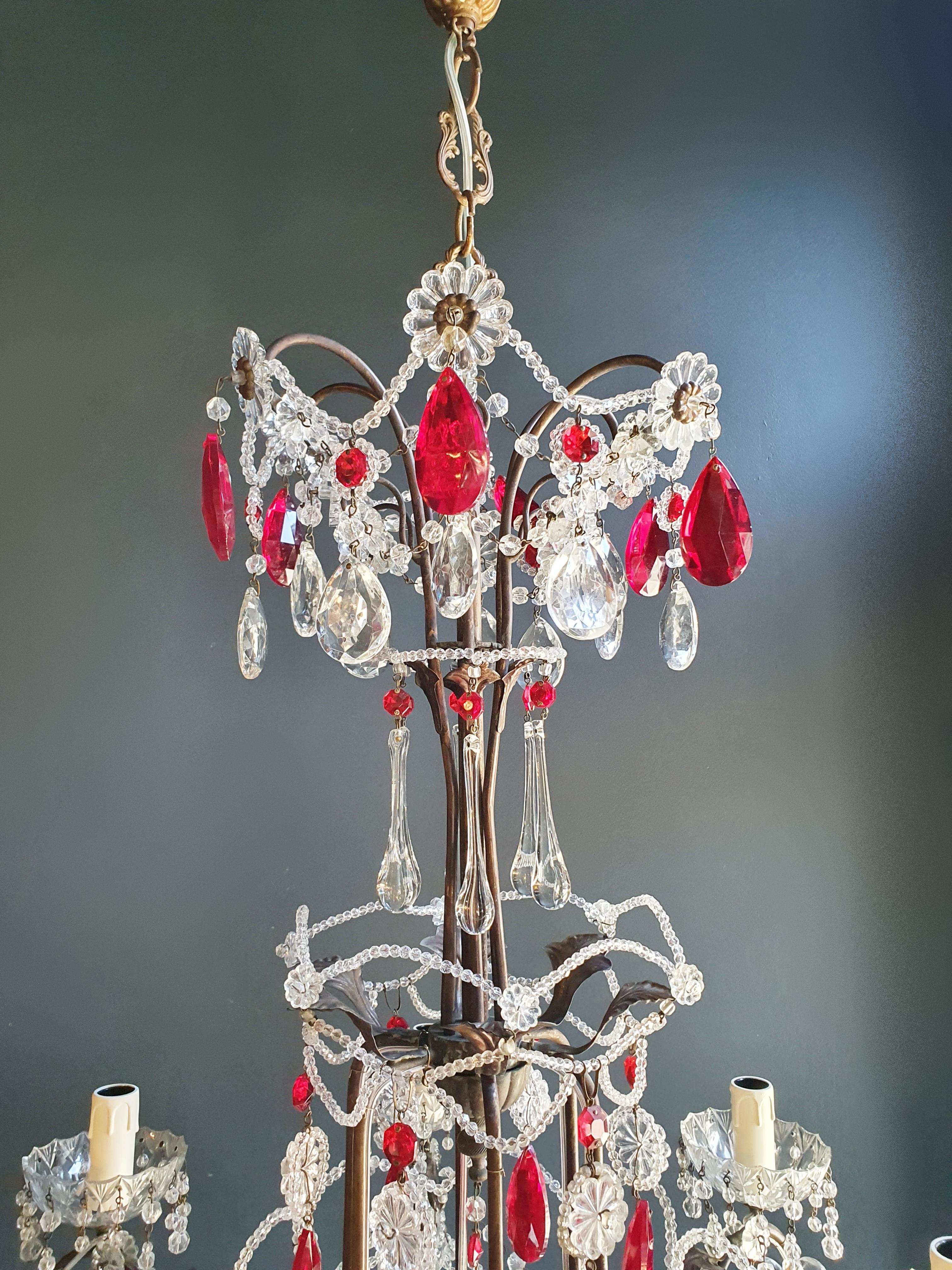 European Red Crystal Chandelier Antique Brass Ceiling Lamp Lustre Art Nouveau Beaded