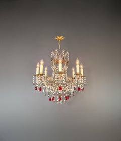 Red Crystal Chandelier Antique Brass Ceiling Lamp Lustre Art Nouveau Beaded