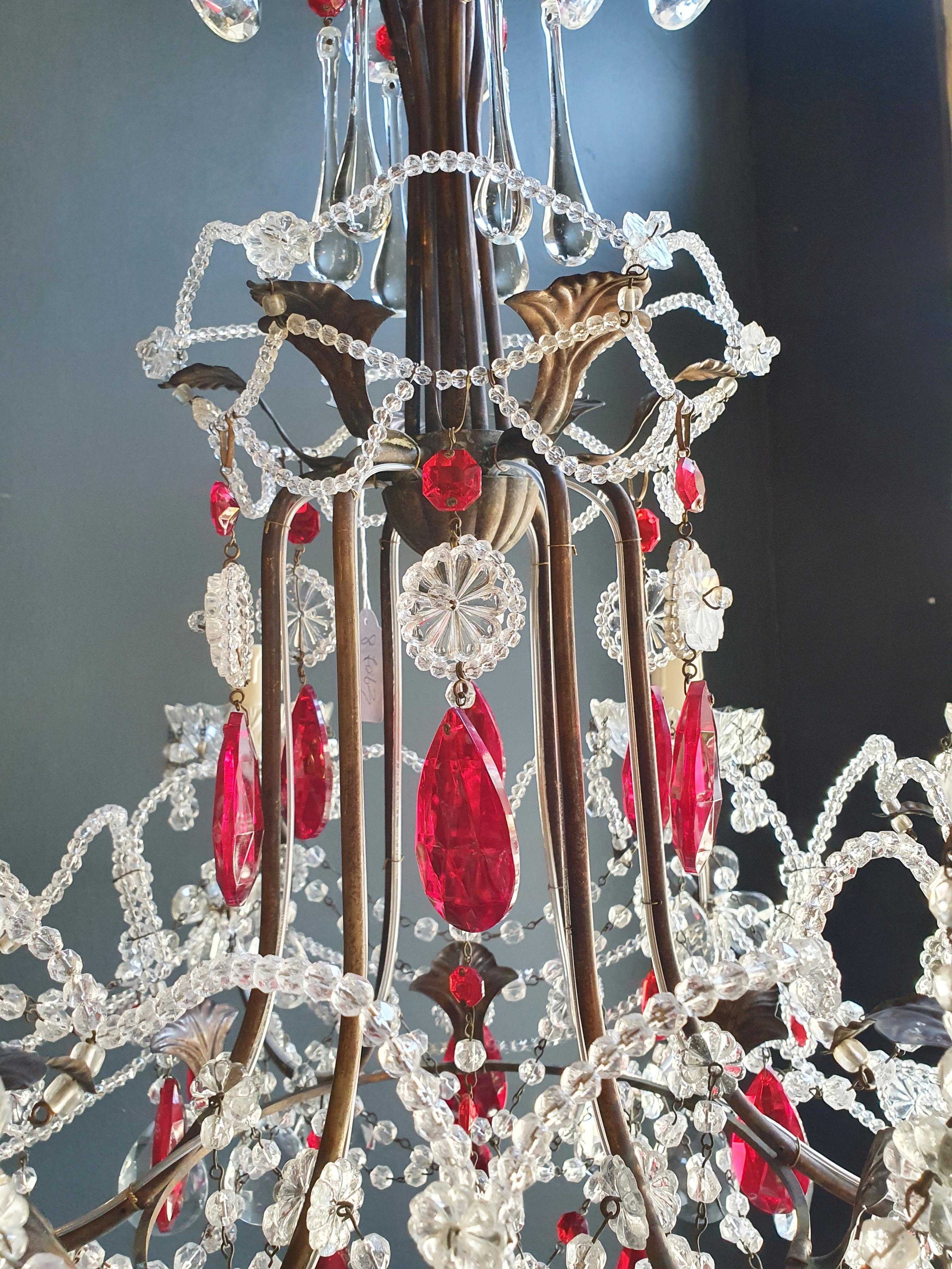 Hand-Knotted Red Crystal Chandelier Antique Brass Ceiling Lamp Lustre Art Nouveau Beaded