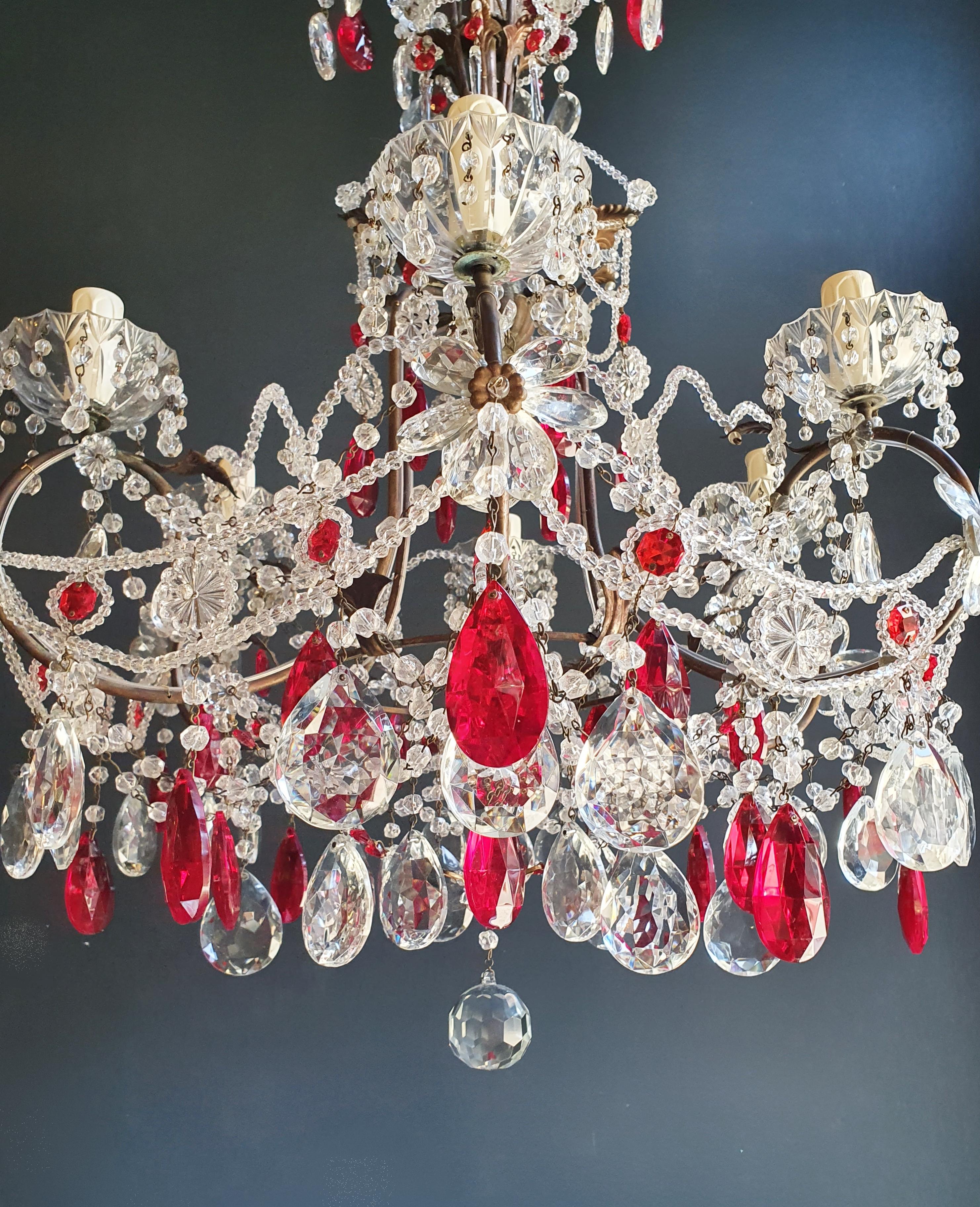 Red Crystal Chandelier Antique Brass Ceiling Lamp Lustre Art Nouveau Beaded In Good Condition In Berlin, DE