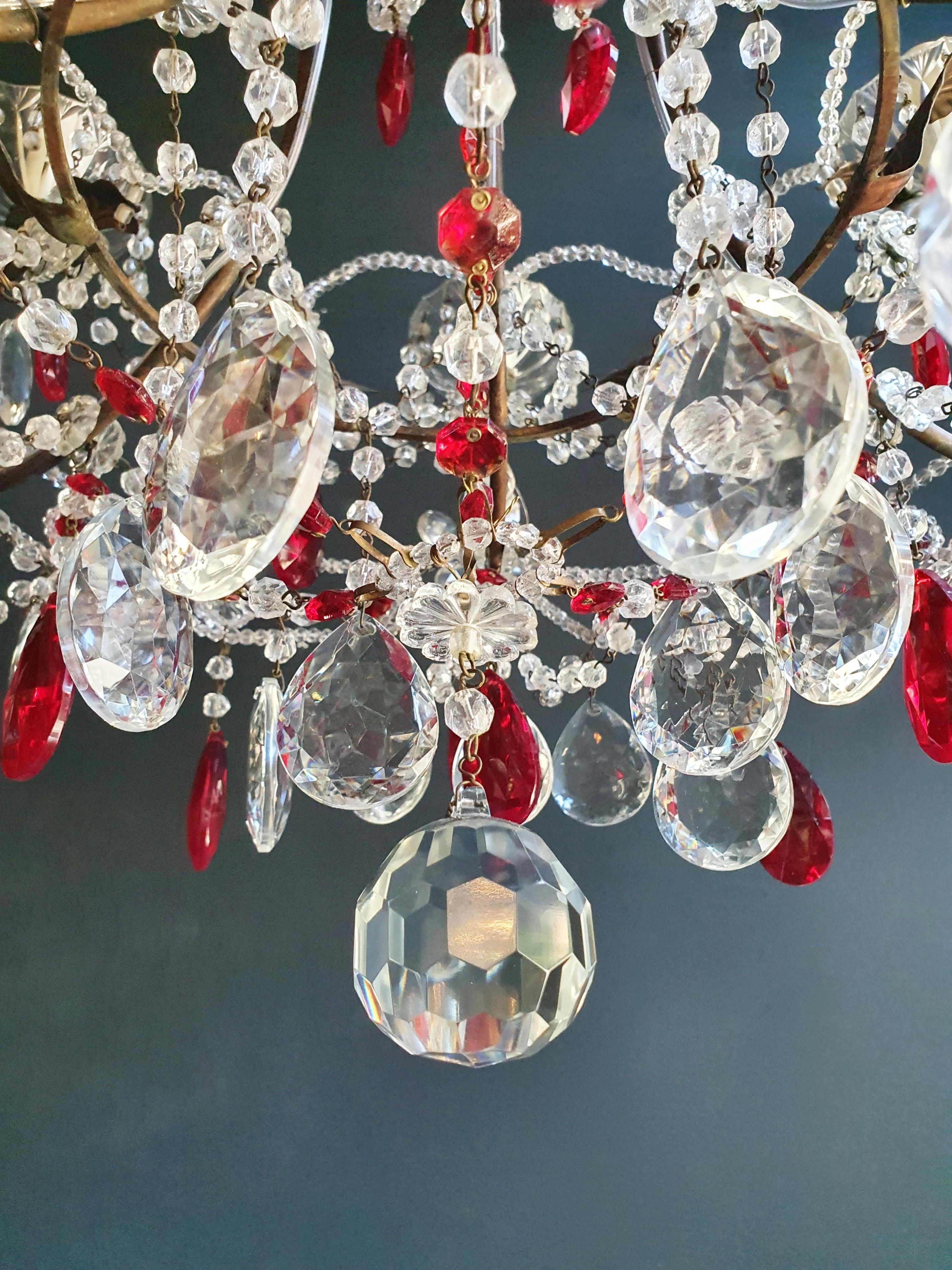17th Century Red Crystal Chandelier Antique Brass Ceiling Lamp Lustre Art Nouveau Beaded