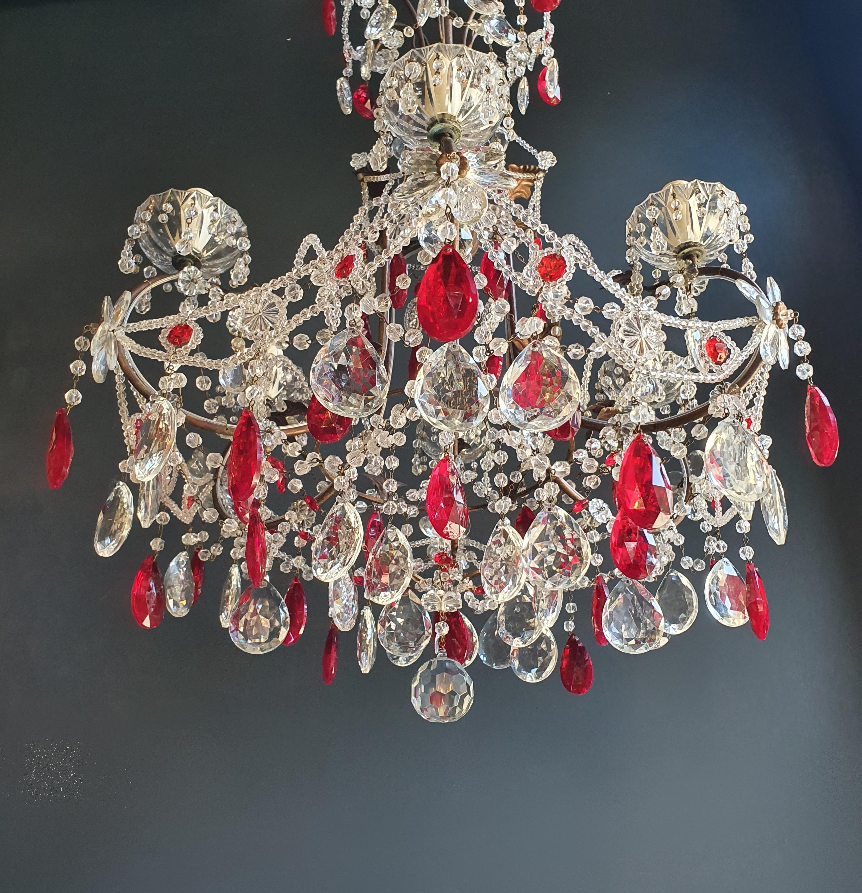 Glass Red Crystal Chandelier Antique Brass Ceiling Lamp Lustre Art Nouveau Beaded