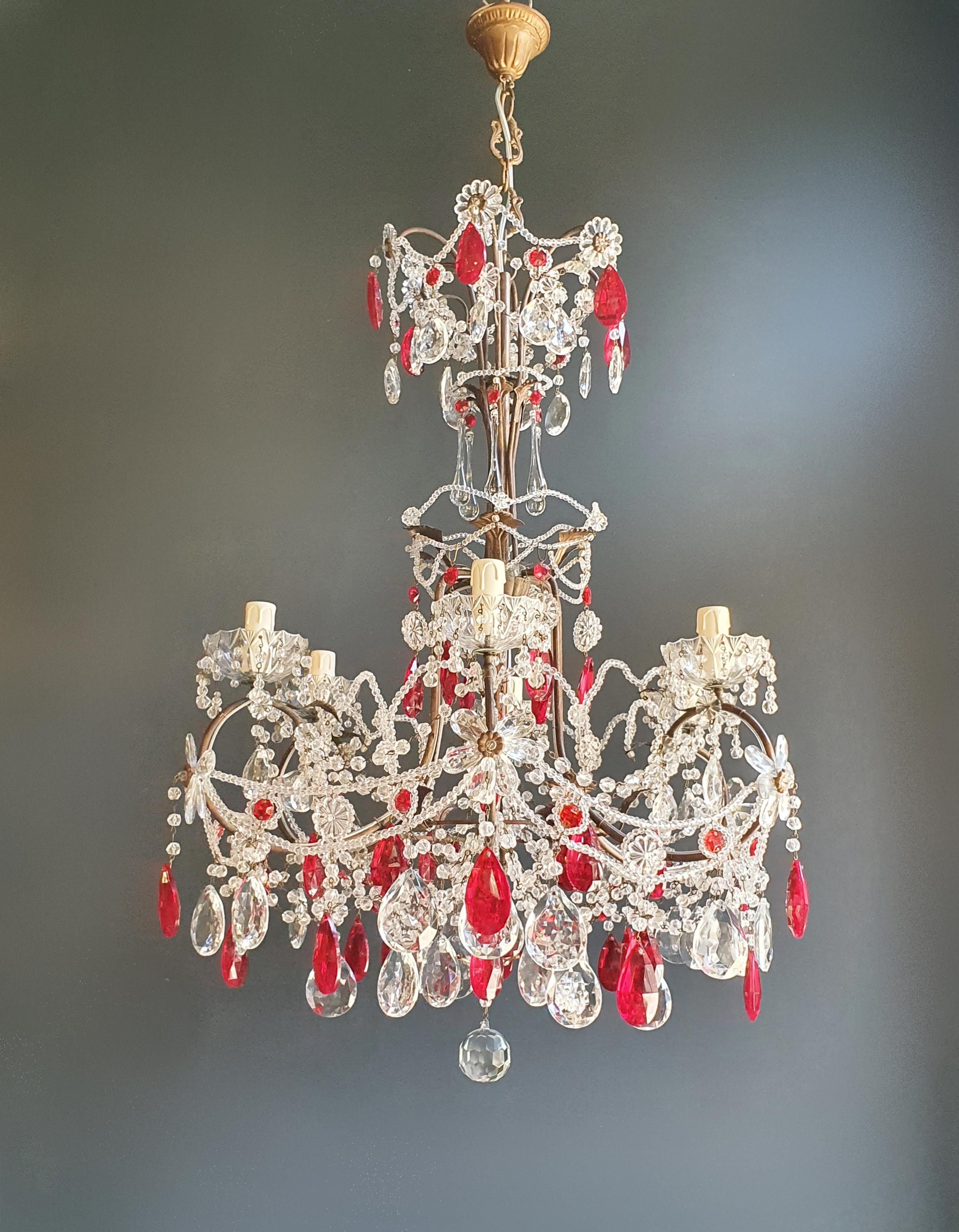 Red Crystal Chandelier Antique Brass Ceiling Lamp Lustre Art Nouveau Beaded 1