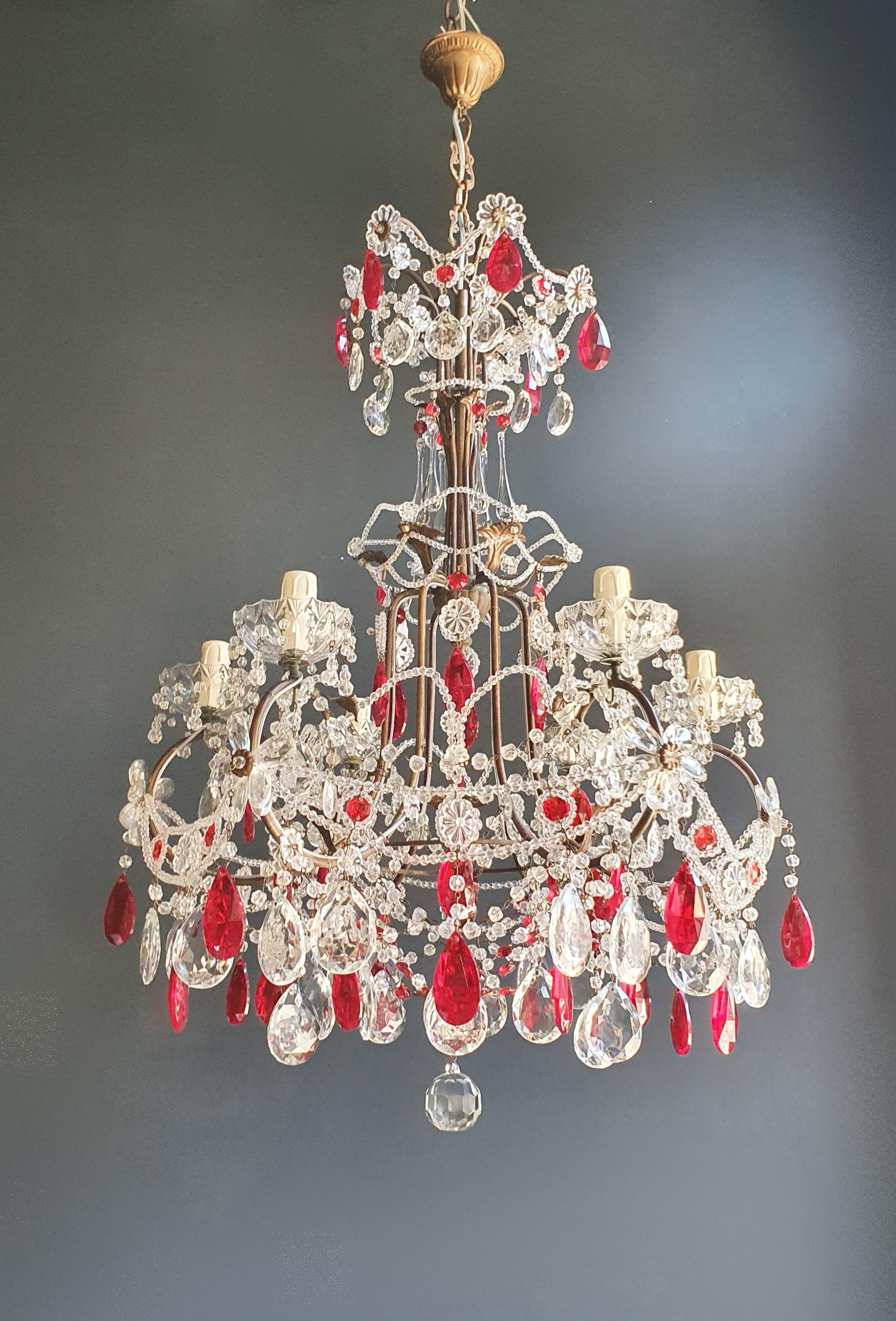 Red Crystal Chandelier Antique Brass Ceiling Lamp Lustre Art Nouveau Beaded 2