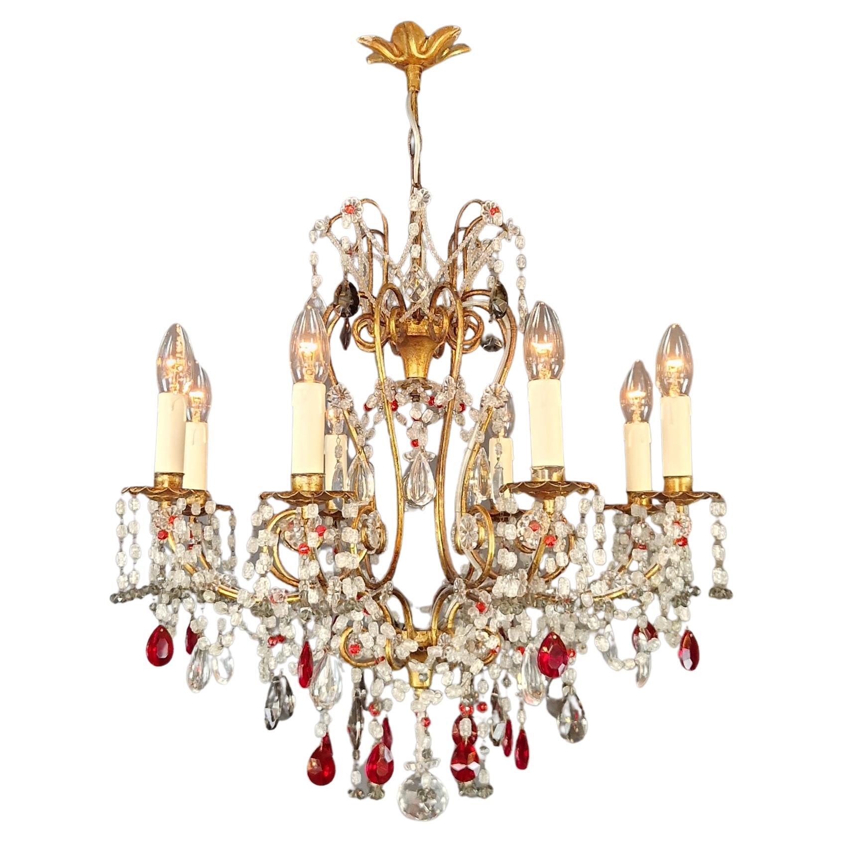 Lampadario di cristallo rosso Lampada da soffitto in ottone antico Lustro Art Nouveau con perline in vendita