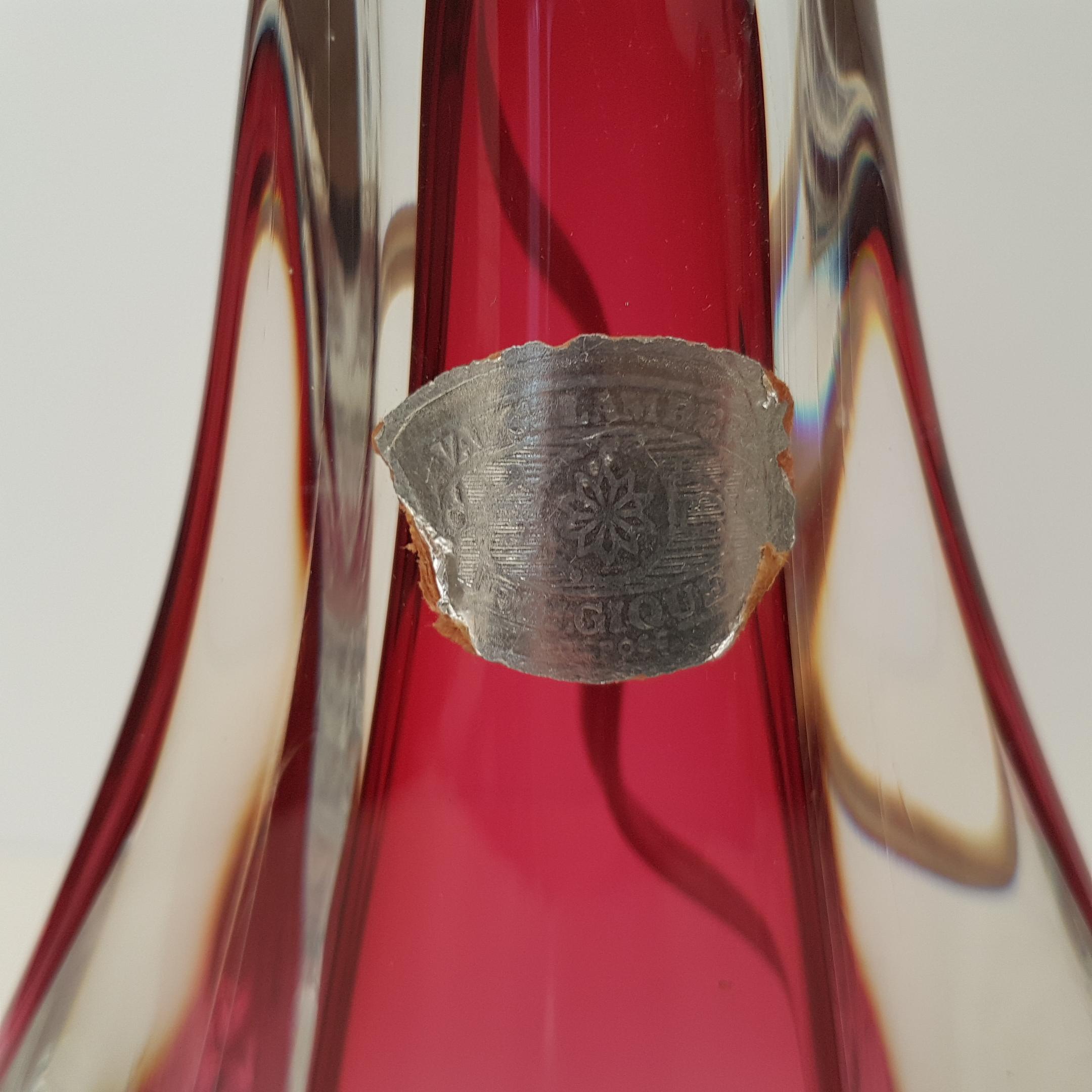 Mid-20th Century Red Crystal Glass Table Lamp by Val Saint Lambert 'Labeled', 1950s