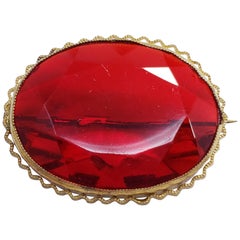 Red Crystal Open Back Victorian Pin Brooch in Decorative Bezel