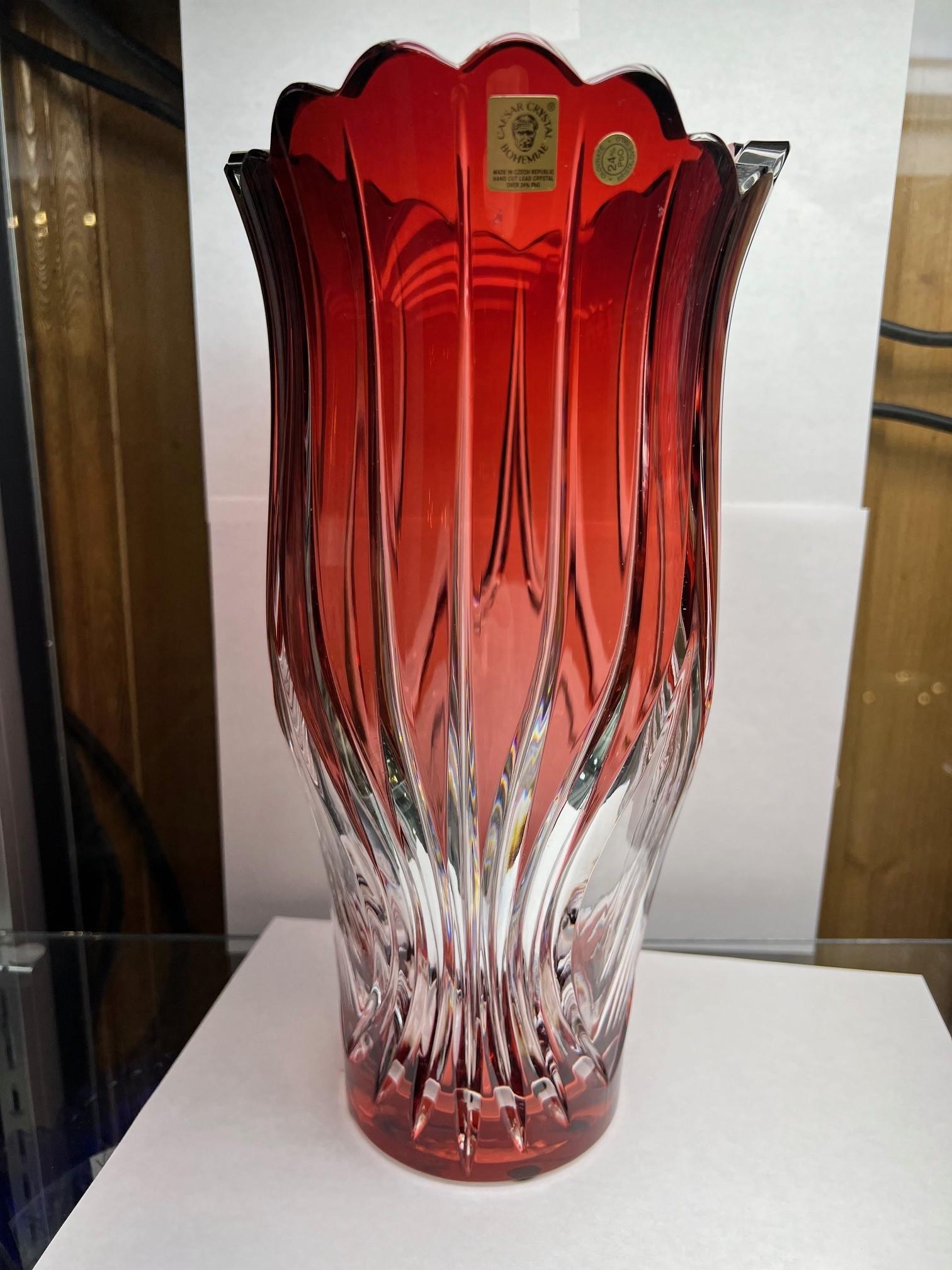 Red Crystal Vase by Caesar Crystal Bohemiae Co. Czech Republic For Sale 3