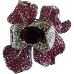 Red Crystal White Pavé Rhodium-Plated Orchid Brooch