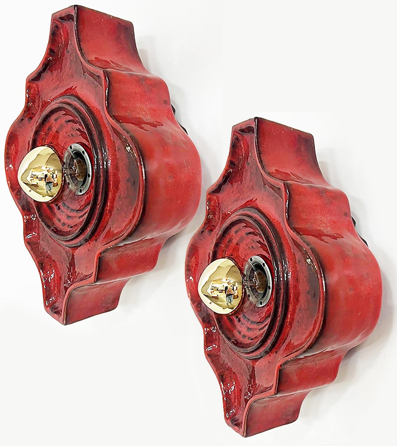 Glazed Red Curved Ceramic Wall Lights by Hustadt Keramik, Germany For Sale