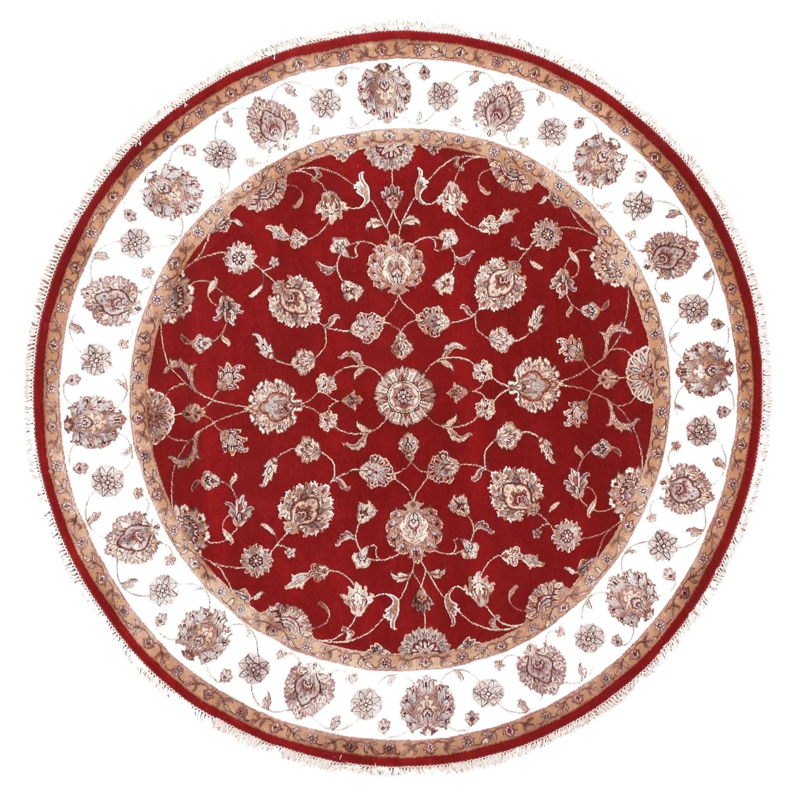 Tappeto rotondo Red Dahlia in lana e seta annodato a mano con design del Rajasthan 7'10" x 7'11" in vendita