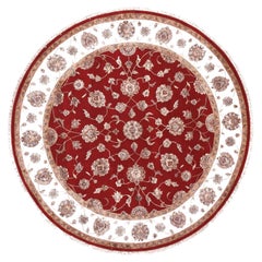 Tapis rond Dahlia rouge en laine et soie noué à la main au Rajasthan Design 7'10" x 7'11"