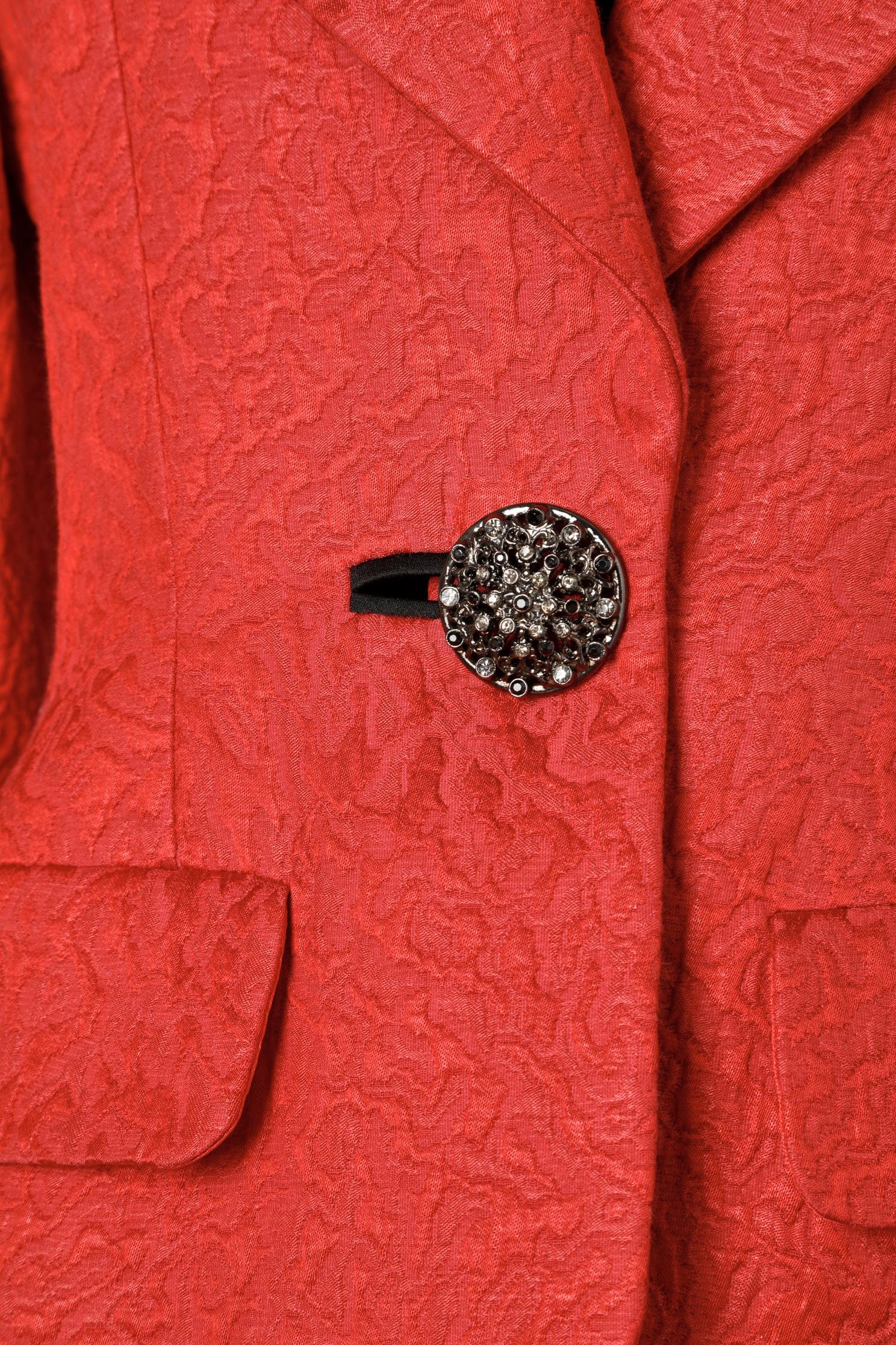 Red damask skit suit Yves Saint Laurent Rive Gauche  In Excellent Condition For Sale In Saint-Ouen-Sur-Seine, FR
