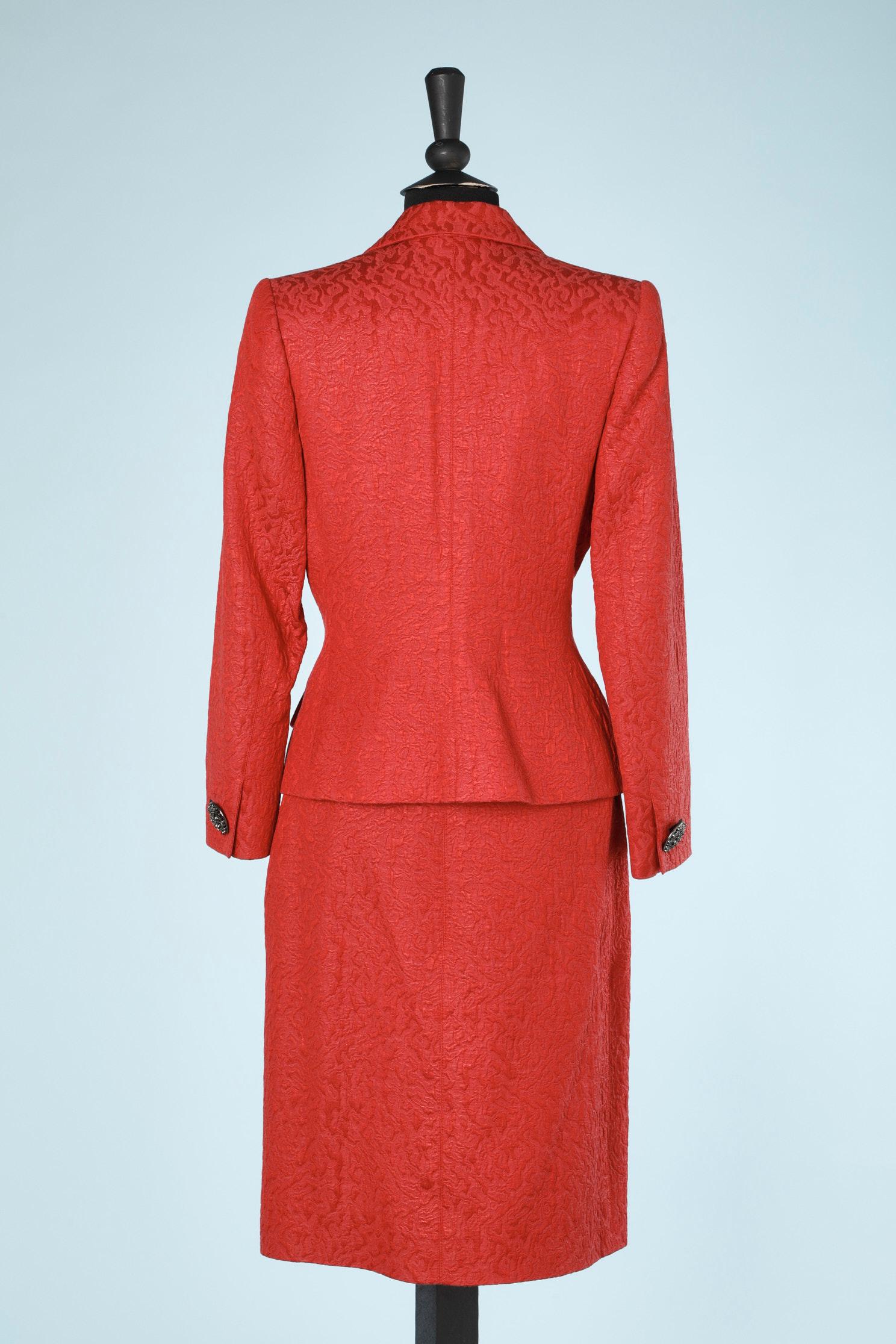 Red damask skit suit Yves Saint Laurent Rive Gauche  For Sale 2