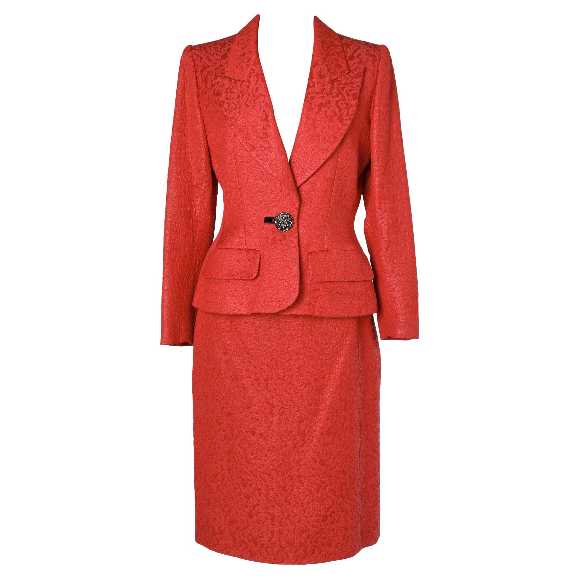 Red damask skit suit Yves Saint Laurent Rive Gauche  For Sale