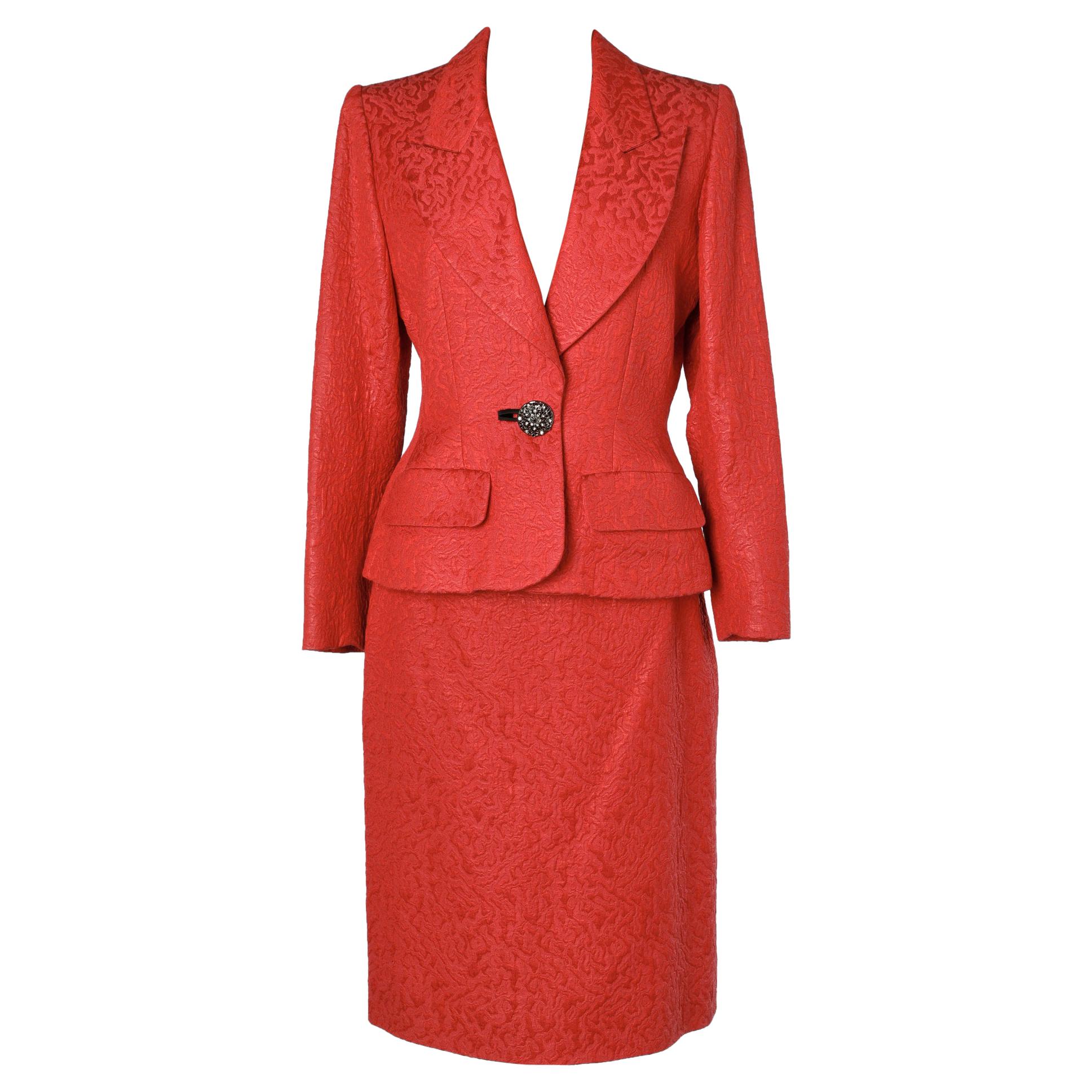 Red damask skit suit Yves Saint Laurent Rive Gauche 