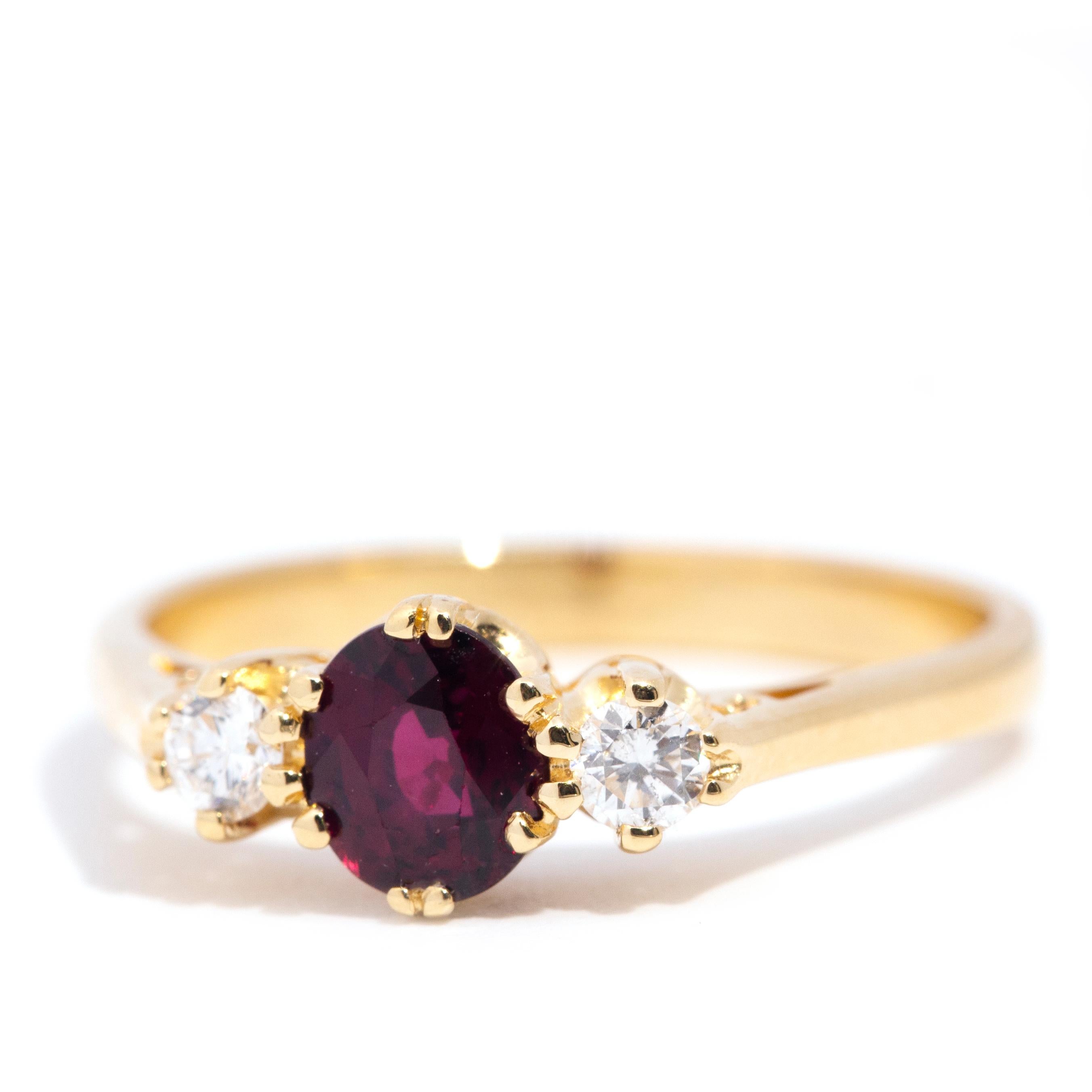Red Deep Oval Ruby and Diamond Vintage Three Stone Ring 18 Carat Yellow Gold 3