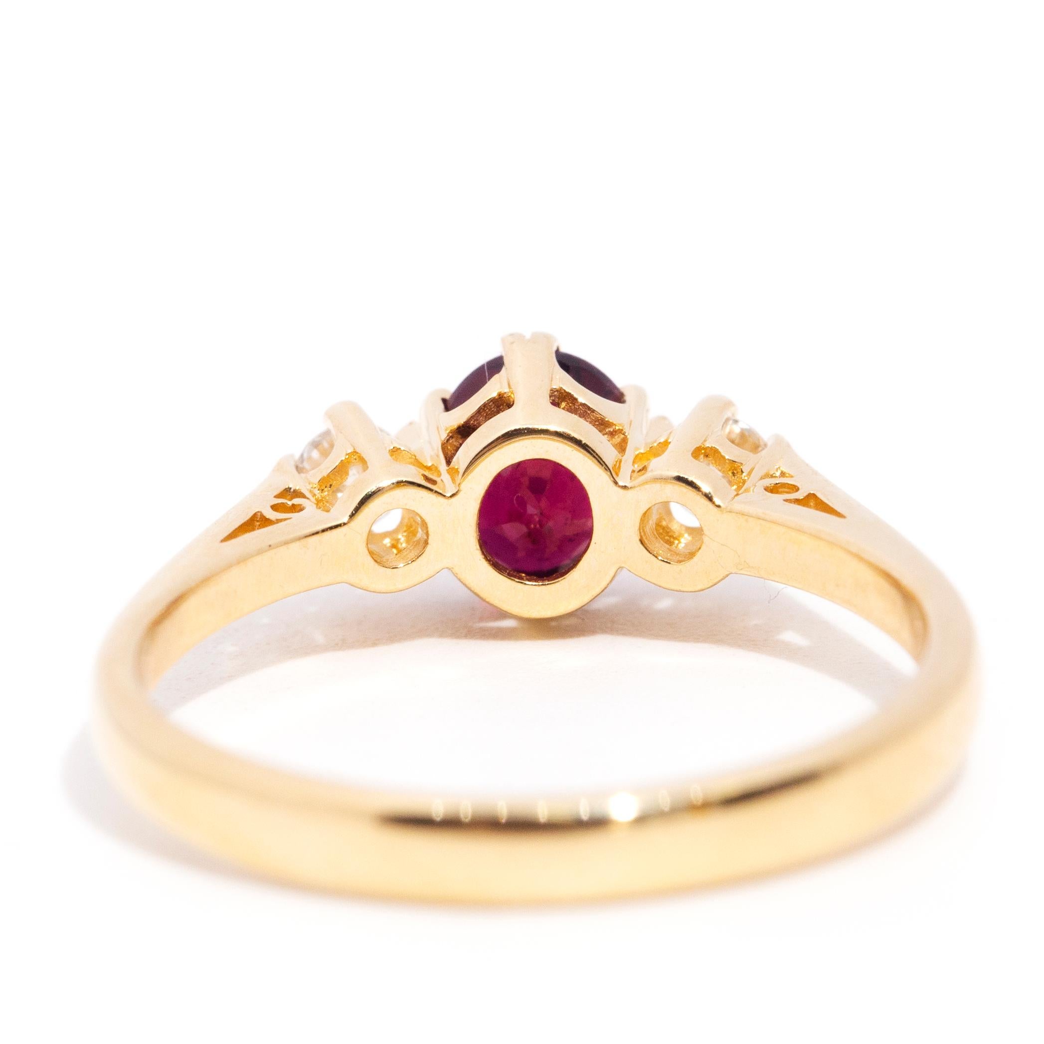 Red Deep Oval Ruby and Diamond Vintage Three Stone Ring 18 Carat Yellow Gold 2