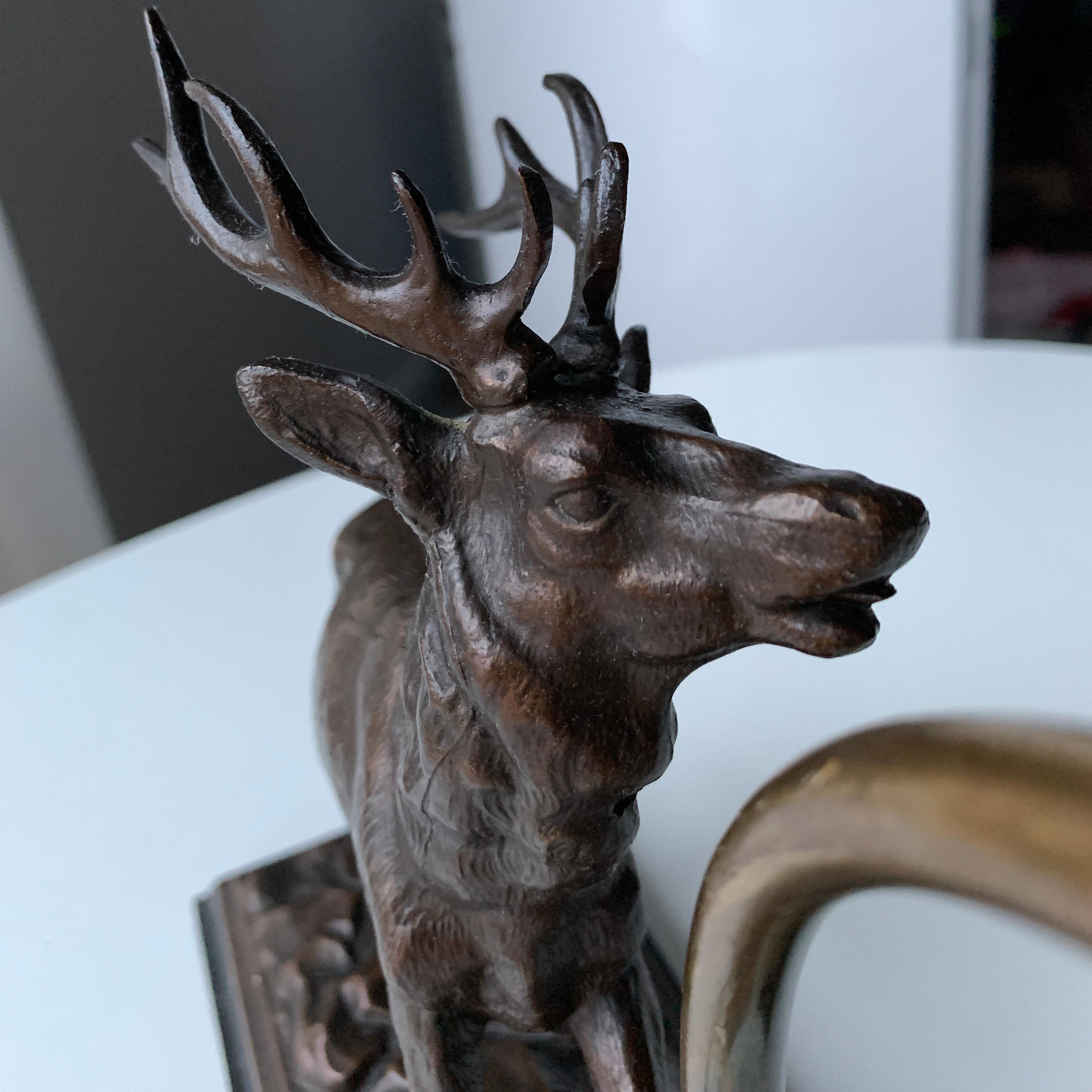 Brass Red Deer Stag Bookshelf Lamp with Milky Glass Shade Art Deco Style For Sale